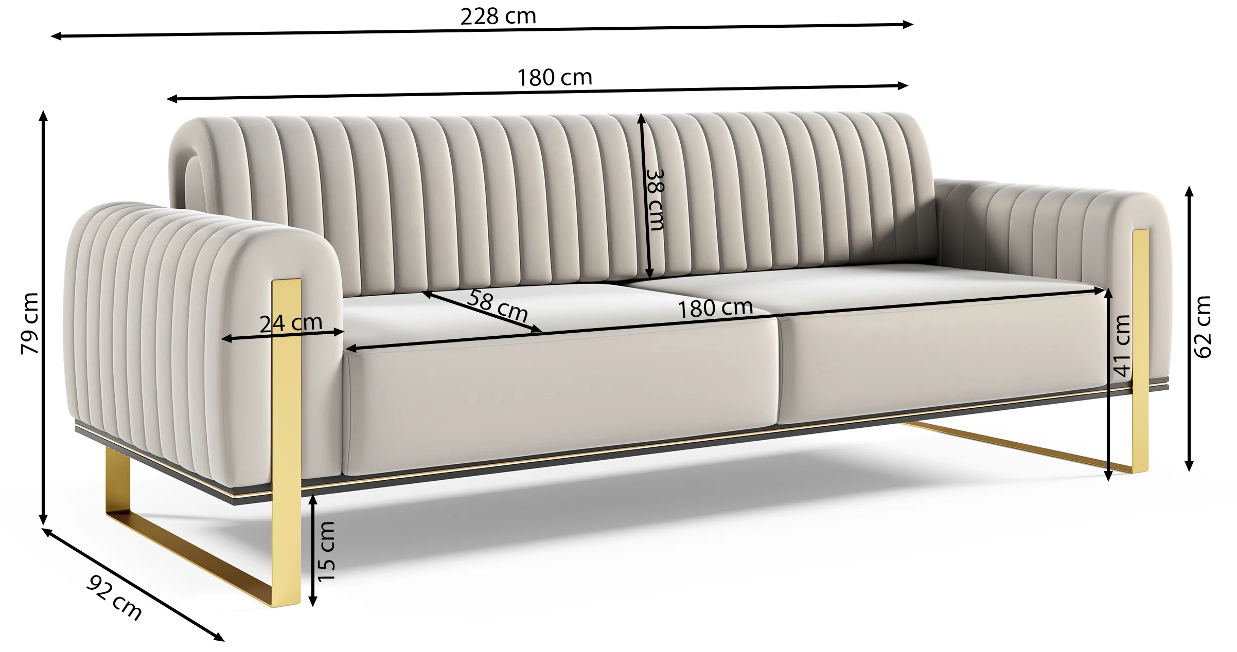 Sofa trzyosobowa Parissa jasnobeżowa welur złote nóżki - Image 9