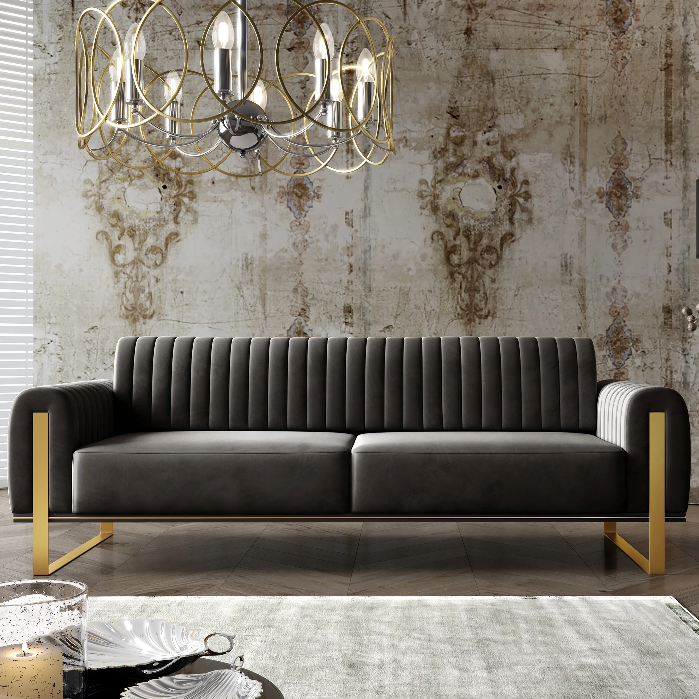 Sofa trzyosobowa Parissa czarna welur złote nóżki - Image 2