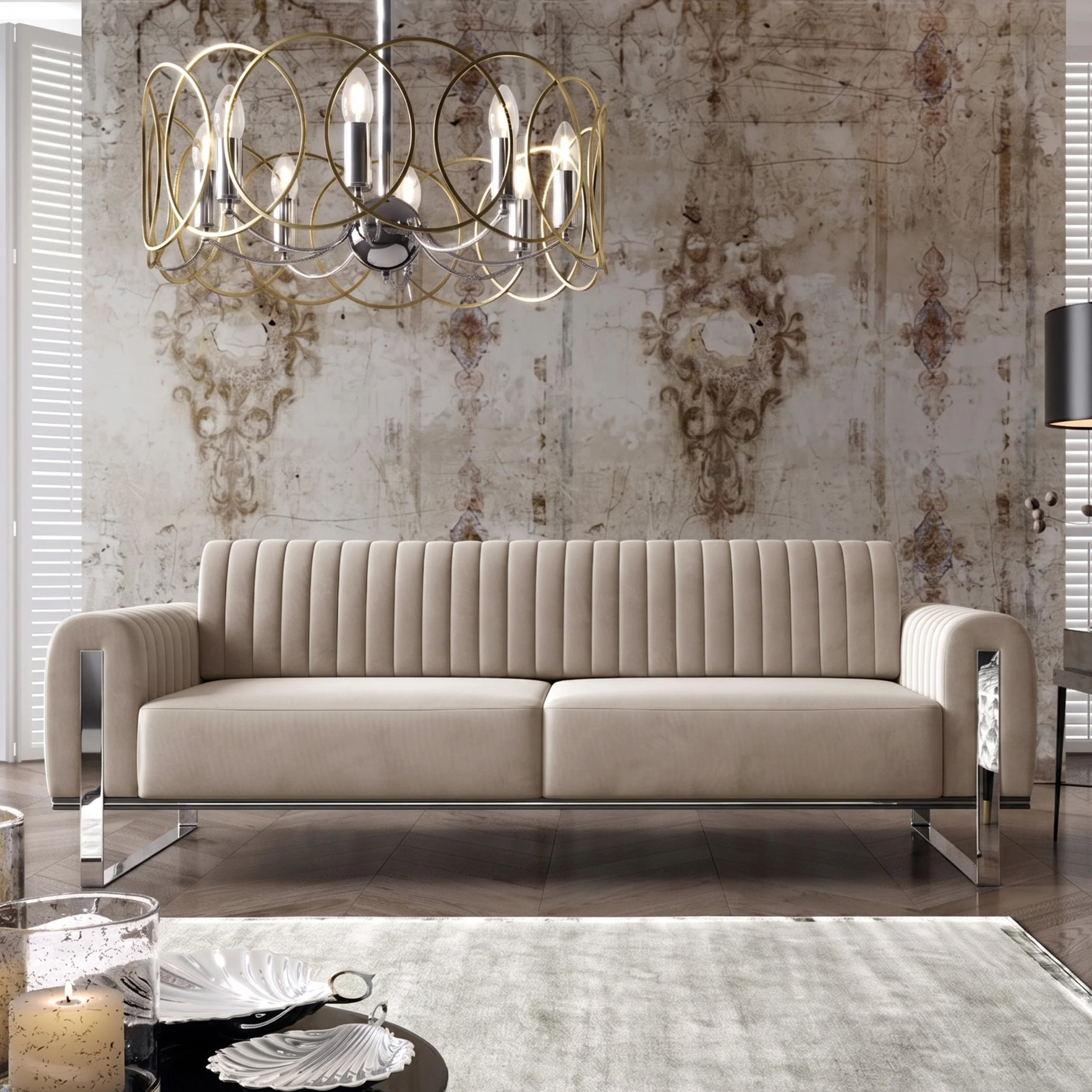 Sofa trzyosobowa Parissa jasnobeżowa welur nogi chrom - Image 2