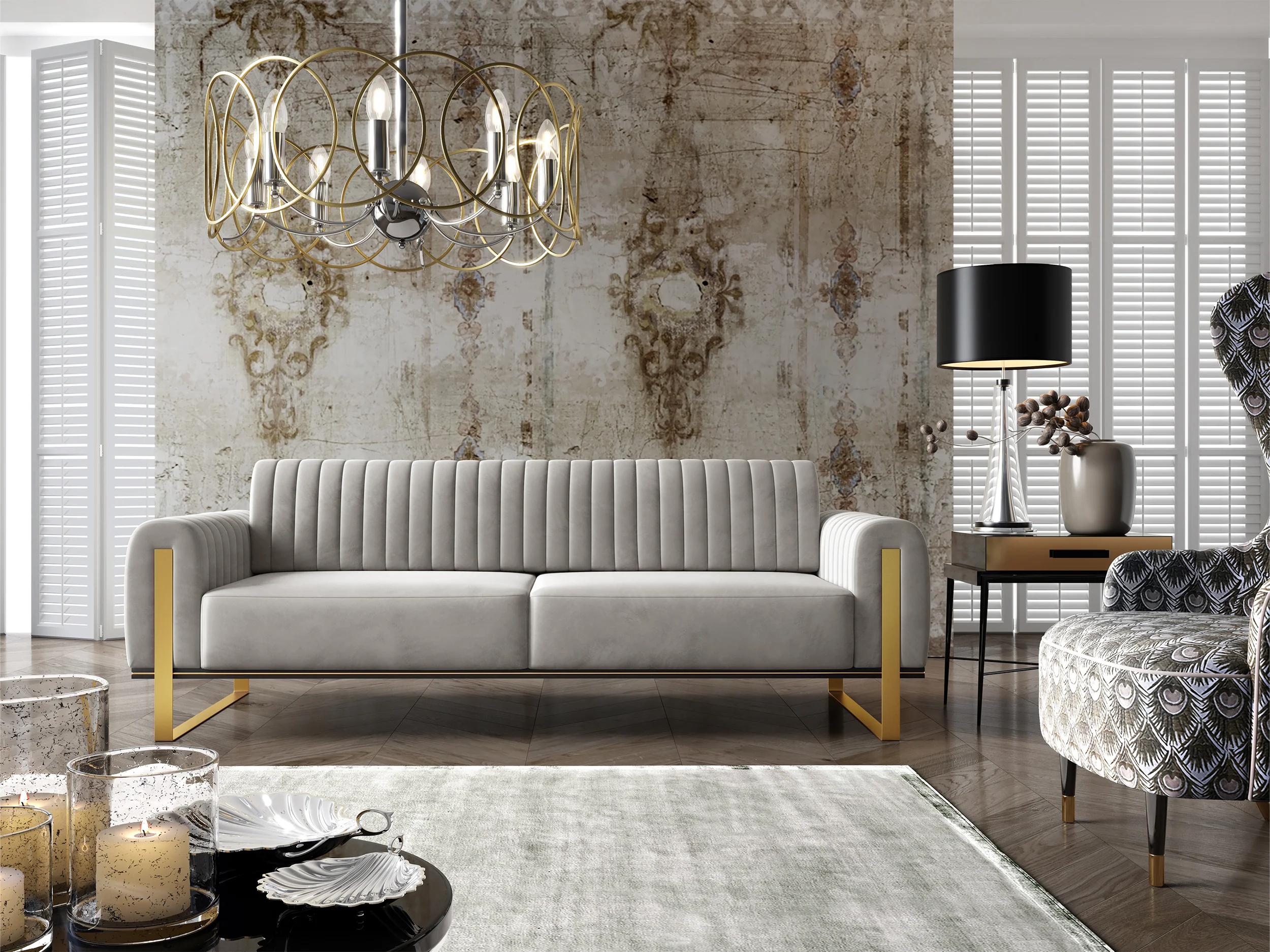 Sofa trzyosobowa Parissa jasnoszara welur złote nóżki - Image 4