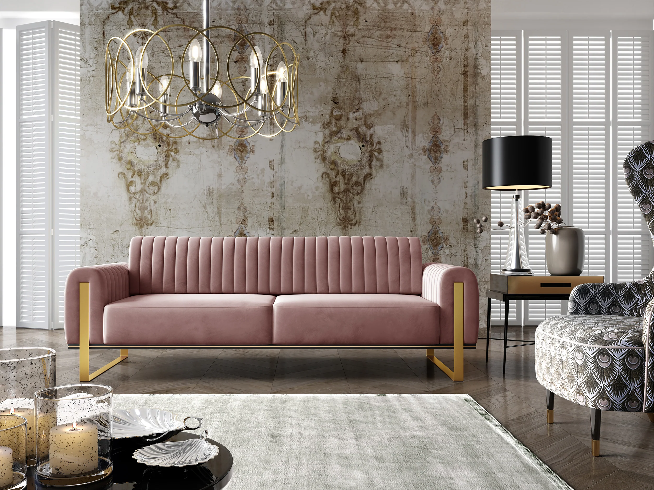 Sofa trzyosobowa Parissa różowa welur złote nóżki - Image 4