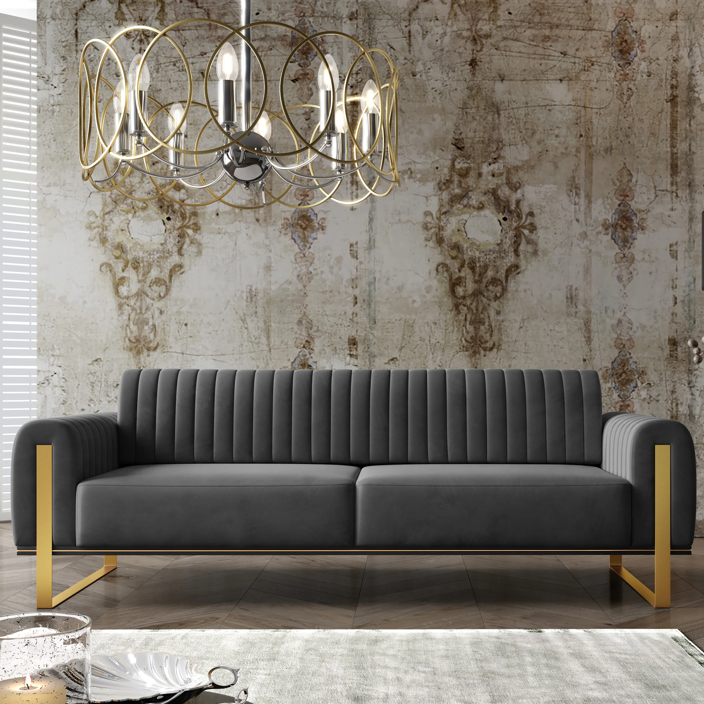 Sofa trzyosobowa Parissa ciemnoszara welur złote nóżki - Image 2