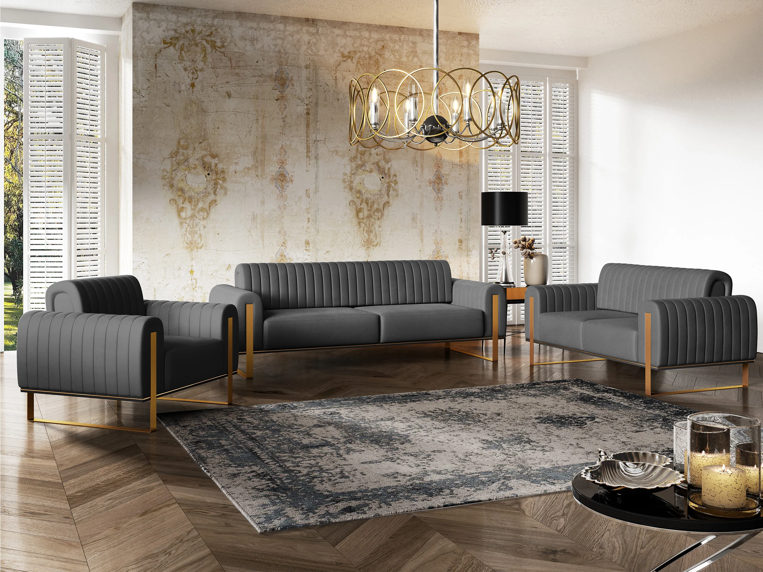Sofa trzyosobowa Parissa ciemnoszara welur złote nóżki - Image 3