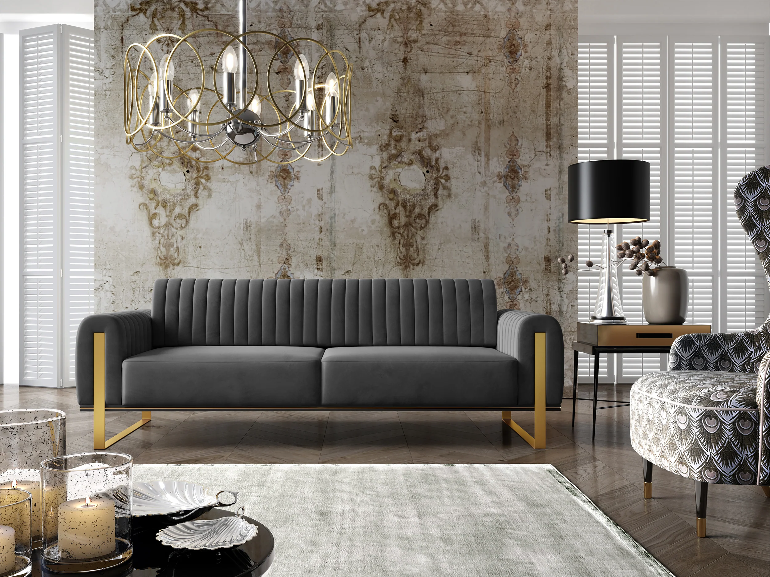 Sofa trzyosobowa Parissa ciemnoszara welur złote nóżki - Image 4
