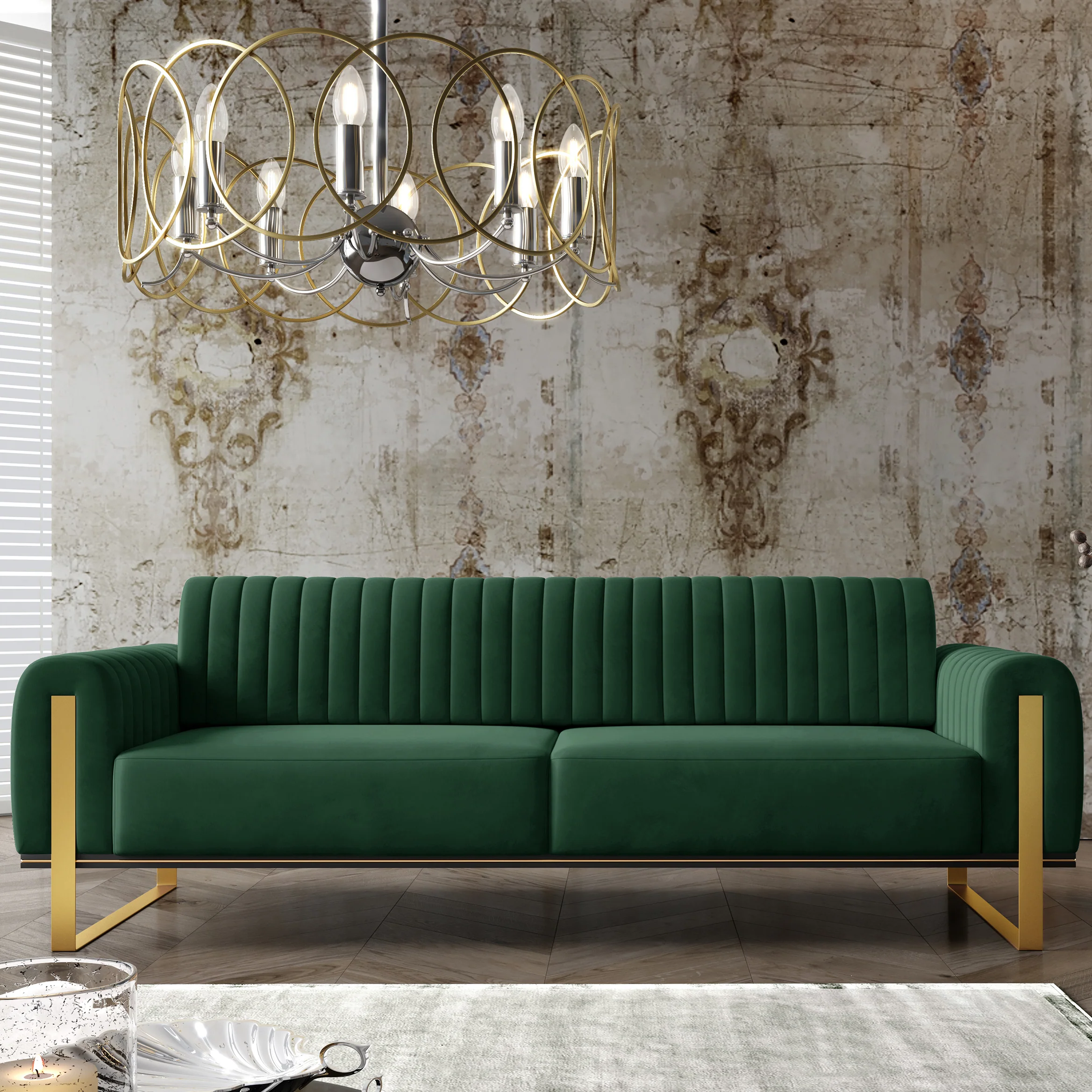 Sofa trzyosobowa Parissa zielona welur złote nóżki - Image 2
