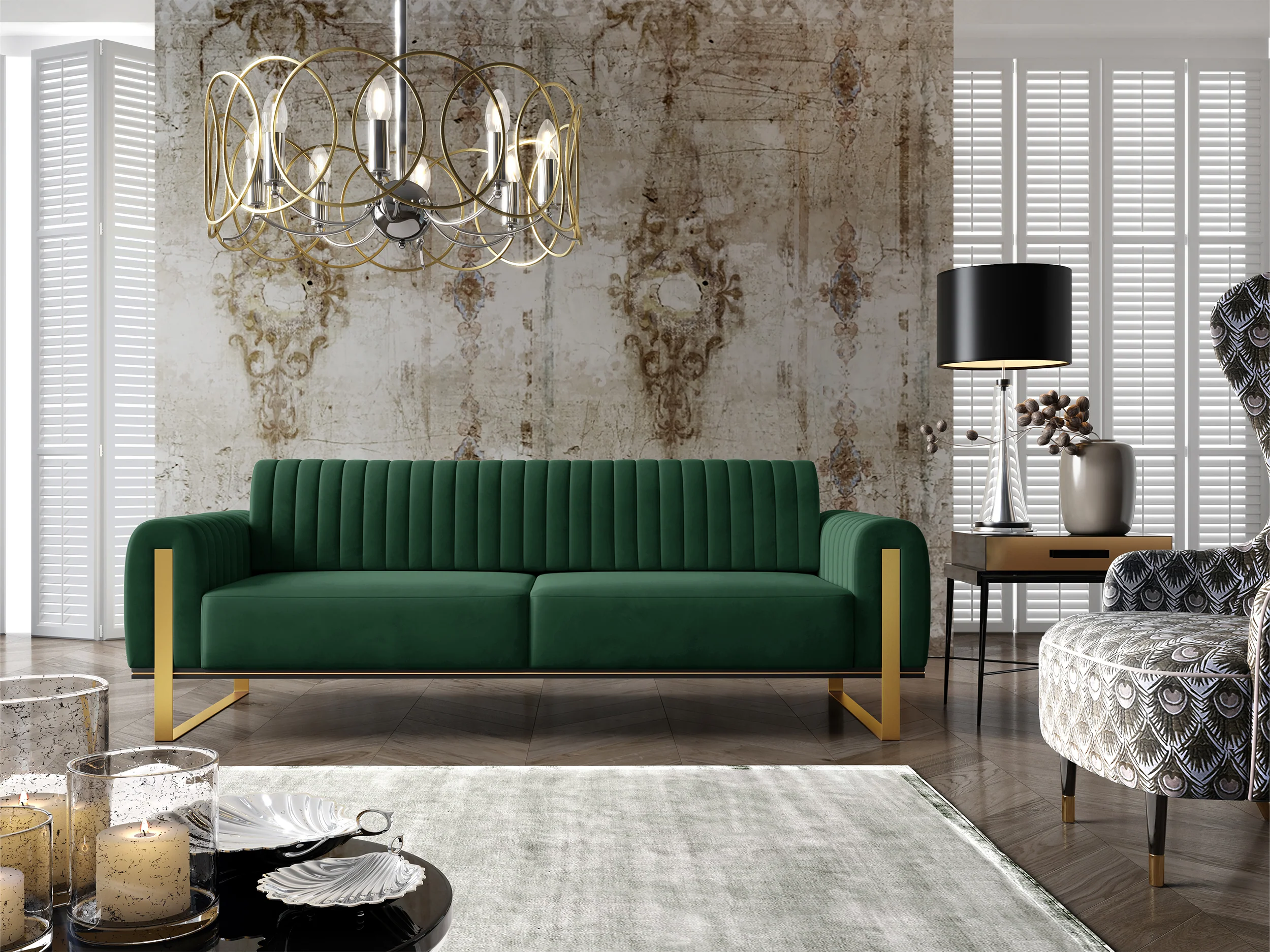 Sofa trzyosobowa Parissa zielona welur złote nóżki - Image 4