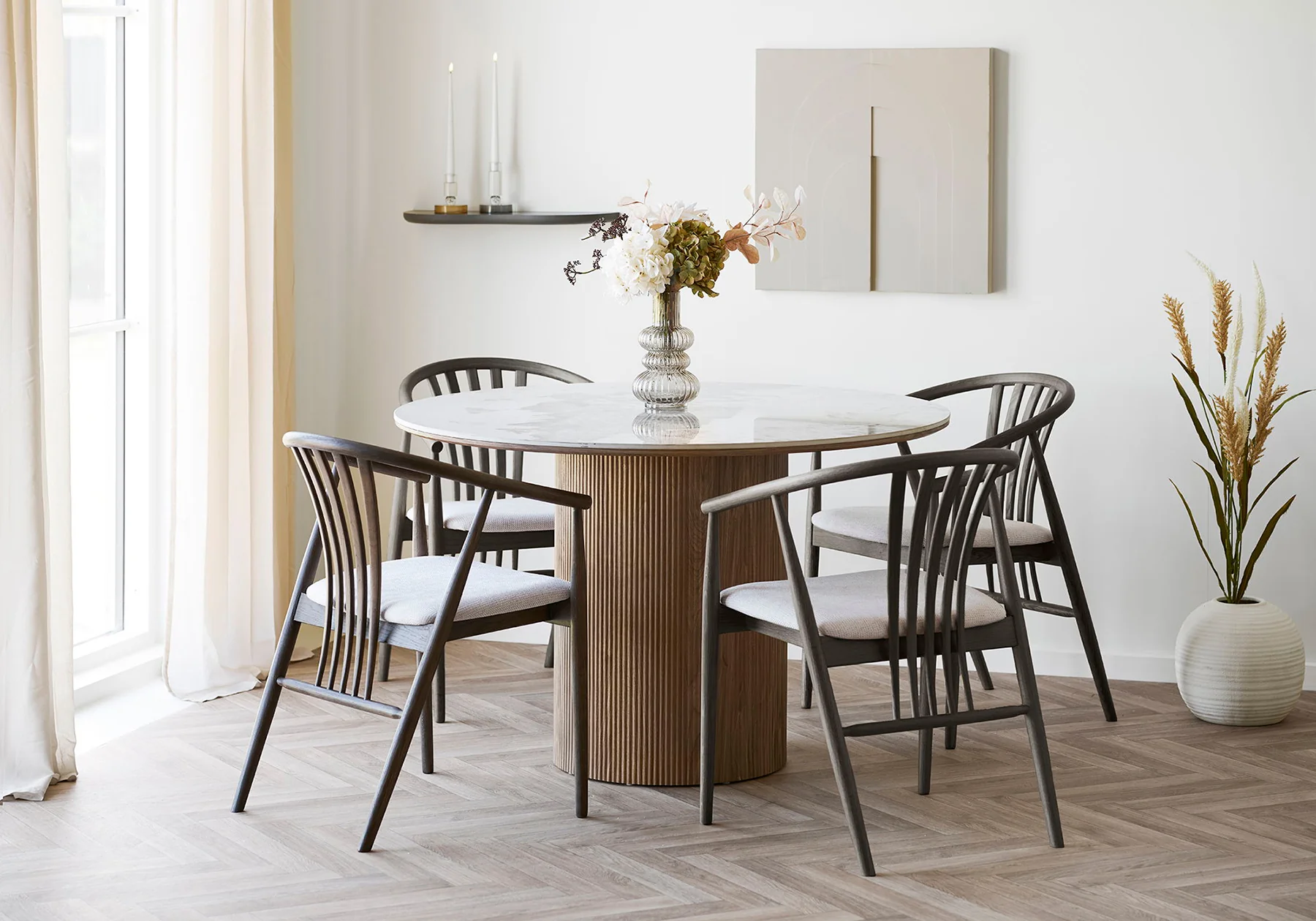 Stół okrągły do jadalni Athens 120 cm z okrągłą podstawą lamele jasny orzech ceramiczny blat - Image 2