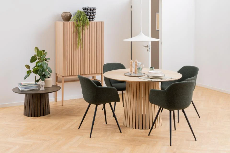 Stół okrągły Gimmar dąb bielony z lamelową podstawą 120 cm - Image 10