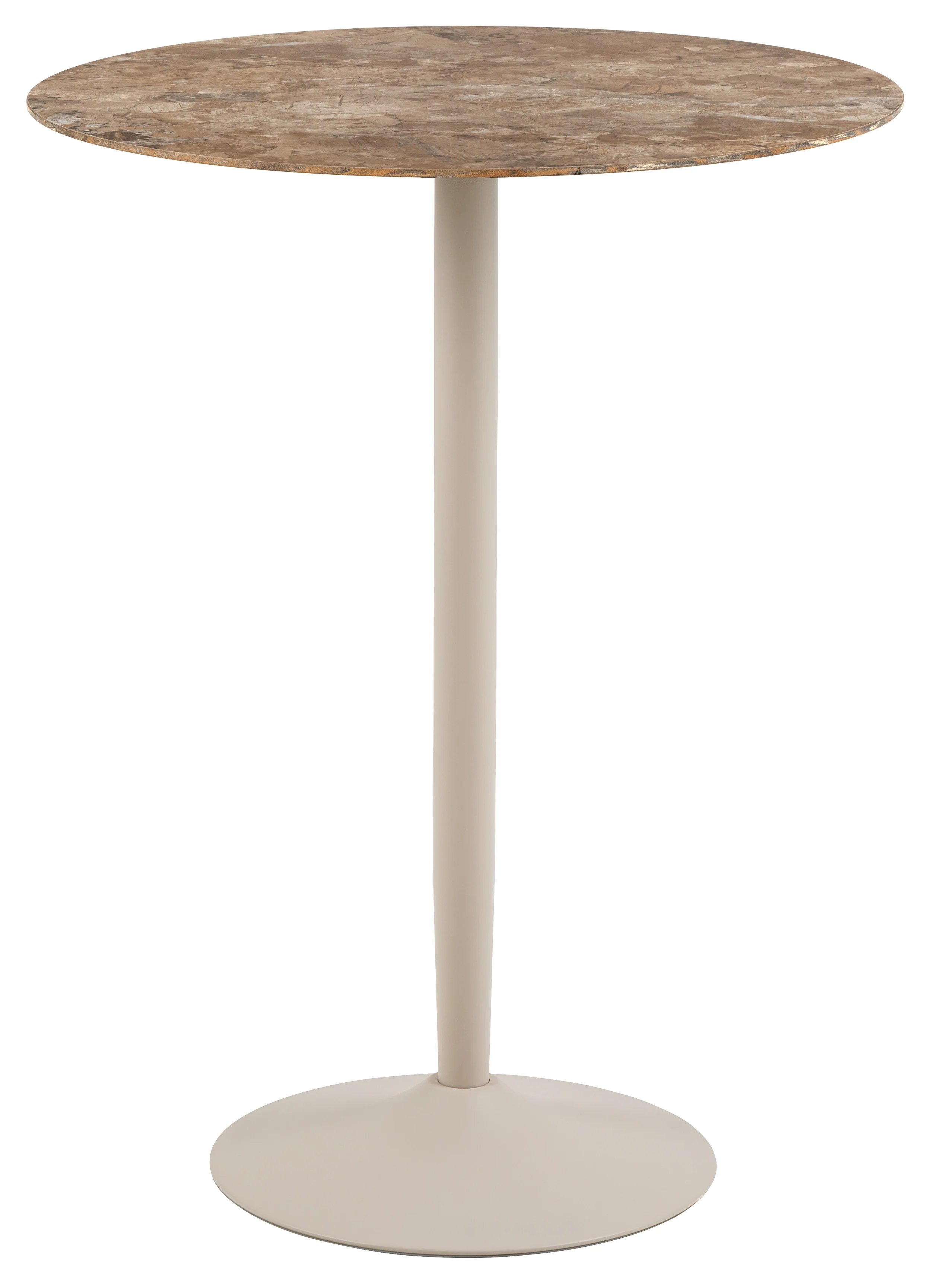 Stolik barowy Roshly średnica 80 cm trawertyn ceramiczny blat z metalową podstawą