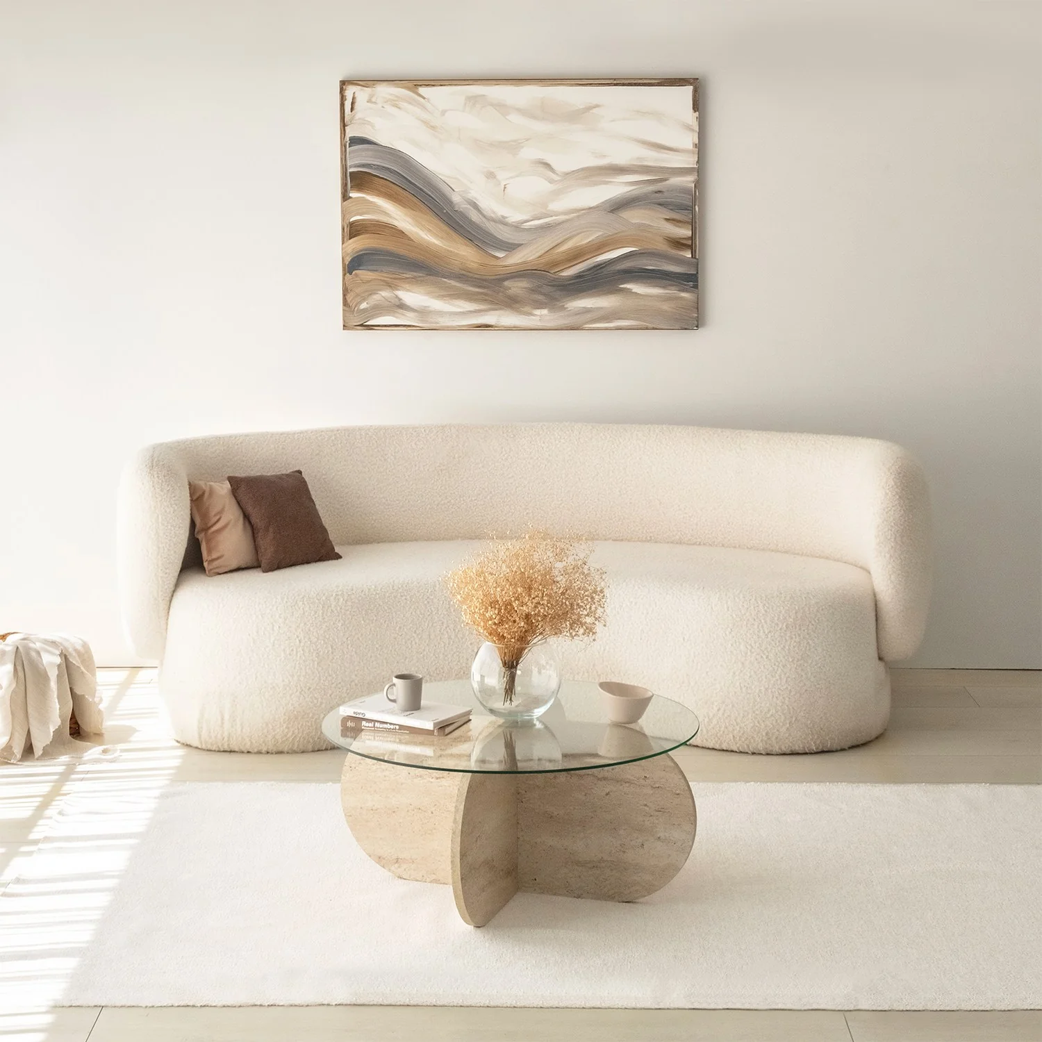 Stolik kawowy okrągły Klissay 75x75 cm szklany blat/ trawertyn - Image 2