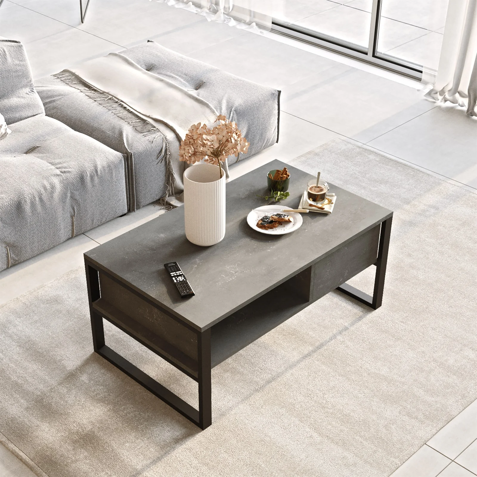 Stolik kawowy prostokątny Diffodes 100x59 cm beton/czarny - Image 2