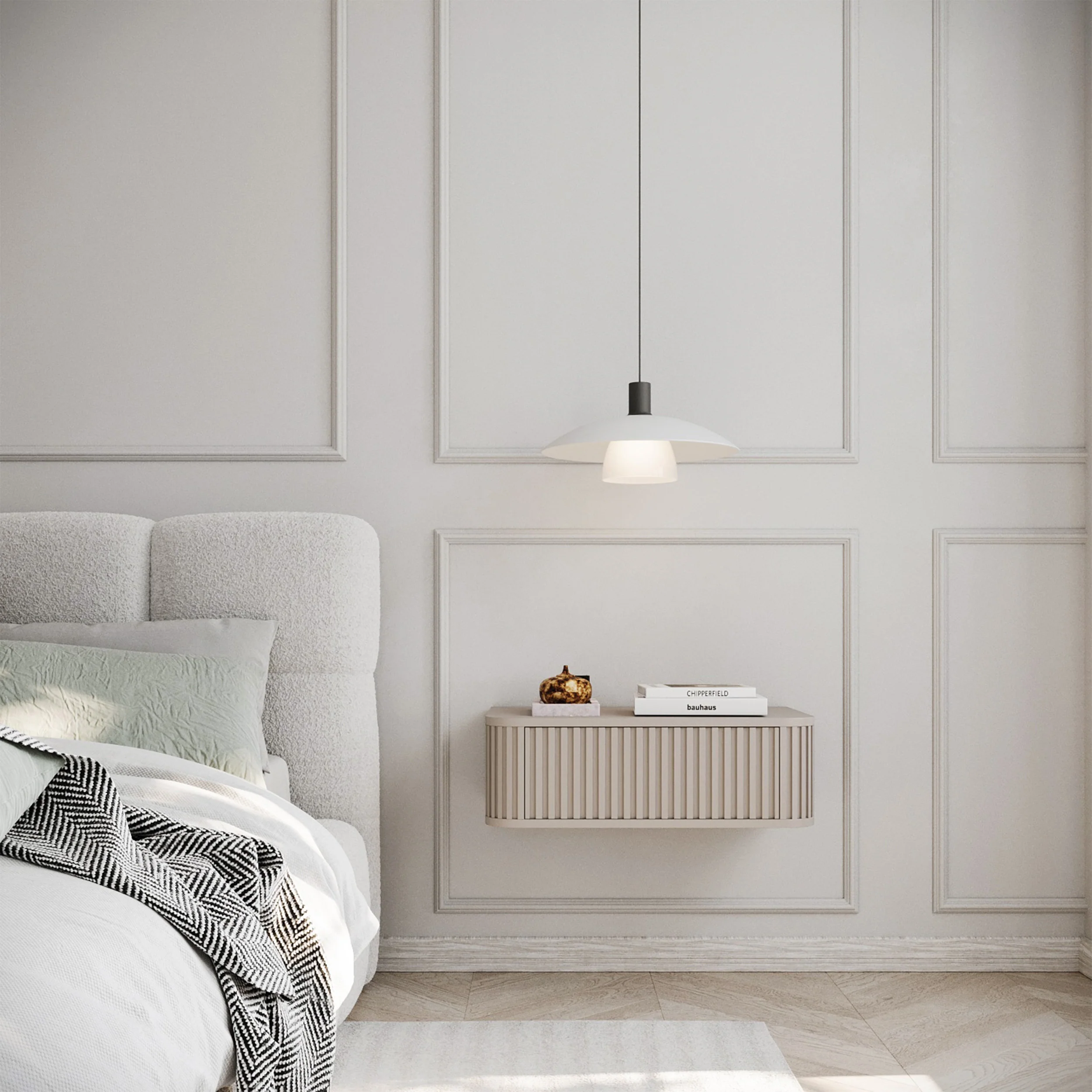 Stolik nocny wiszący Ovarlo z ryflami i szufladą 63 cm beż piaskowy - Image 3
