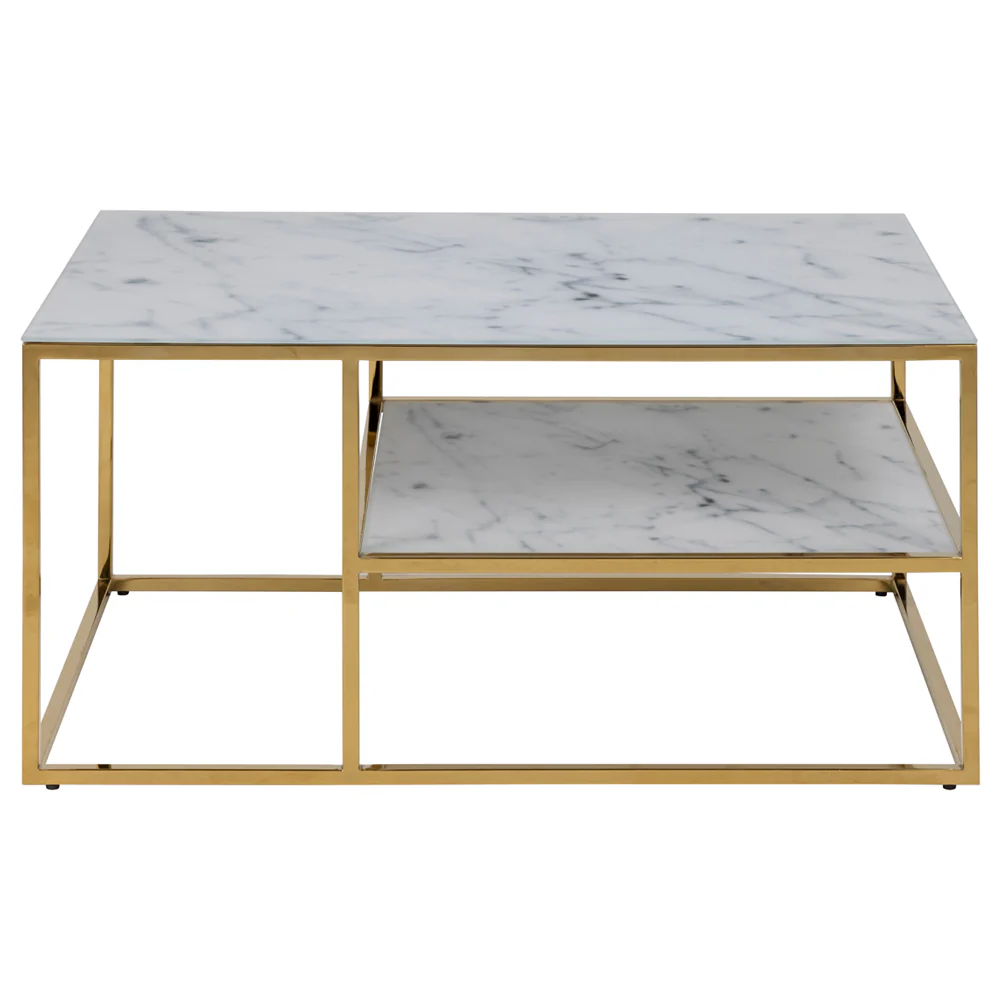 Stolik szklany Perqy z półką 60x90 cm biały ze złotą ramą