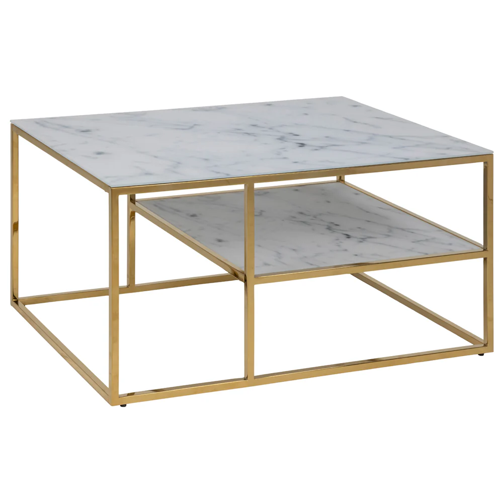 Stolik szklany Perqy z półką 60x90 cm biały ze złotą ramą - Image 2