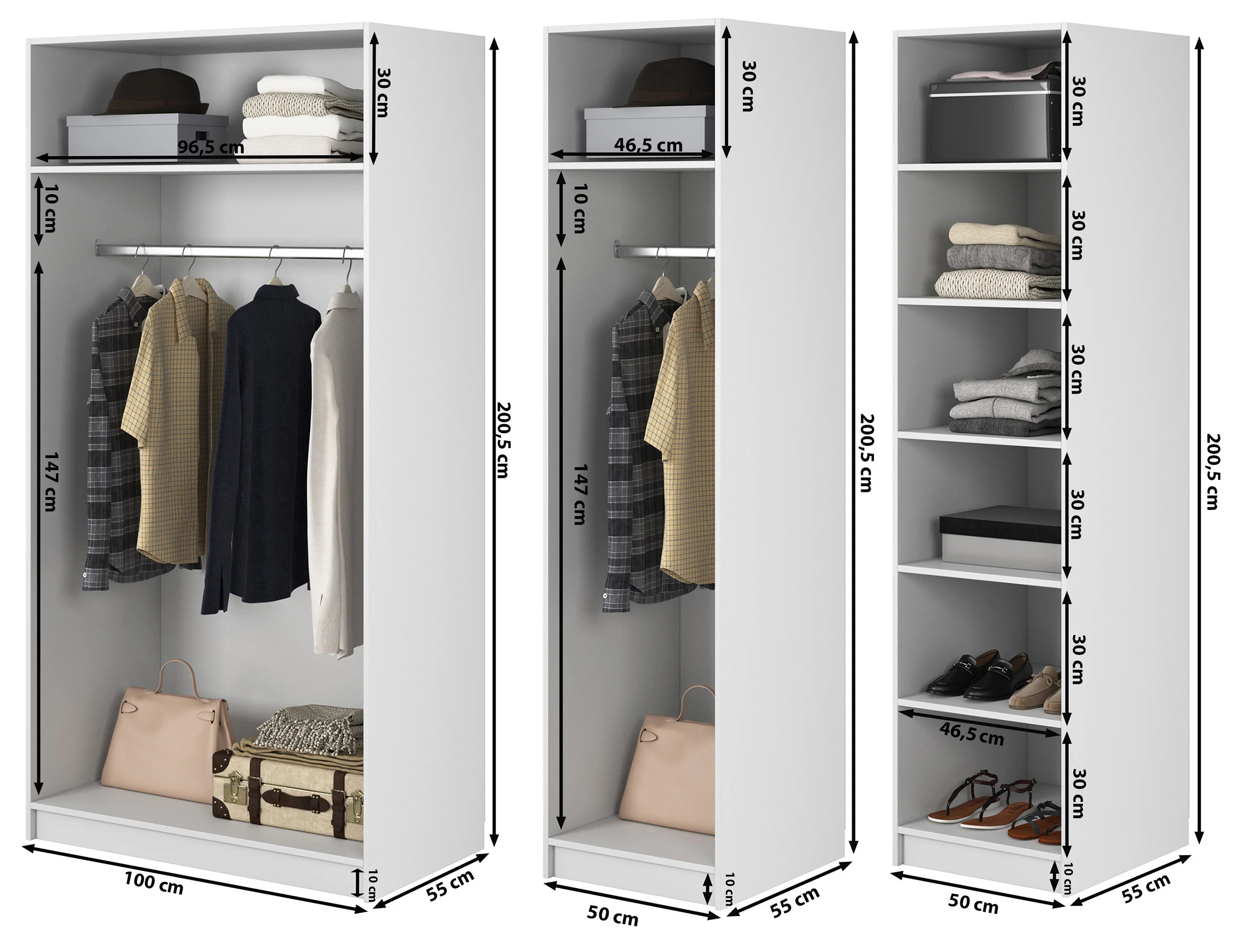 Szafa czterodrzwiowa Frame z dwoma drążkami i półkami 200 cm Biała - Image 7