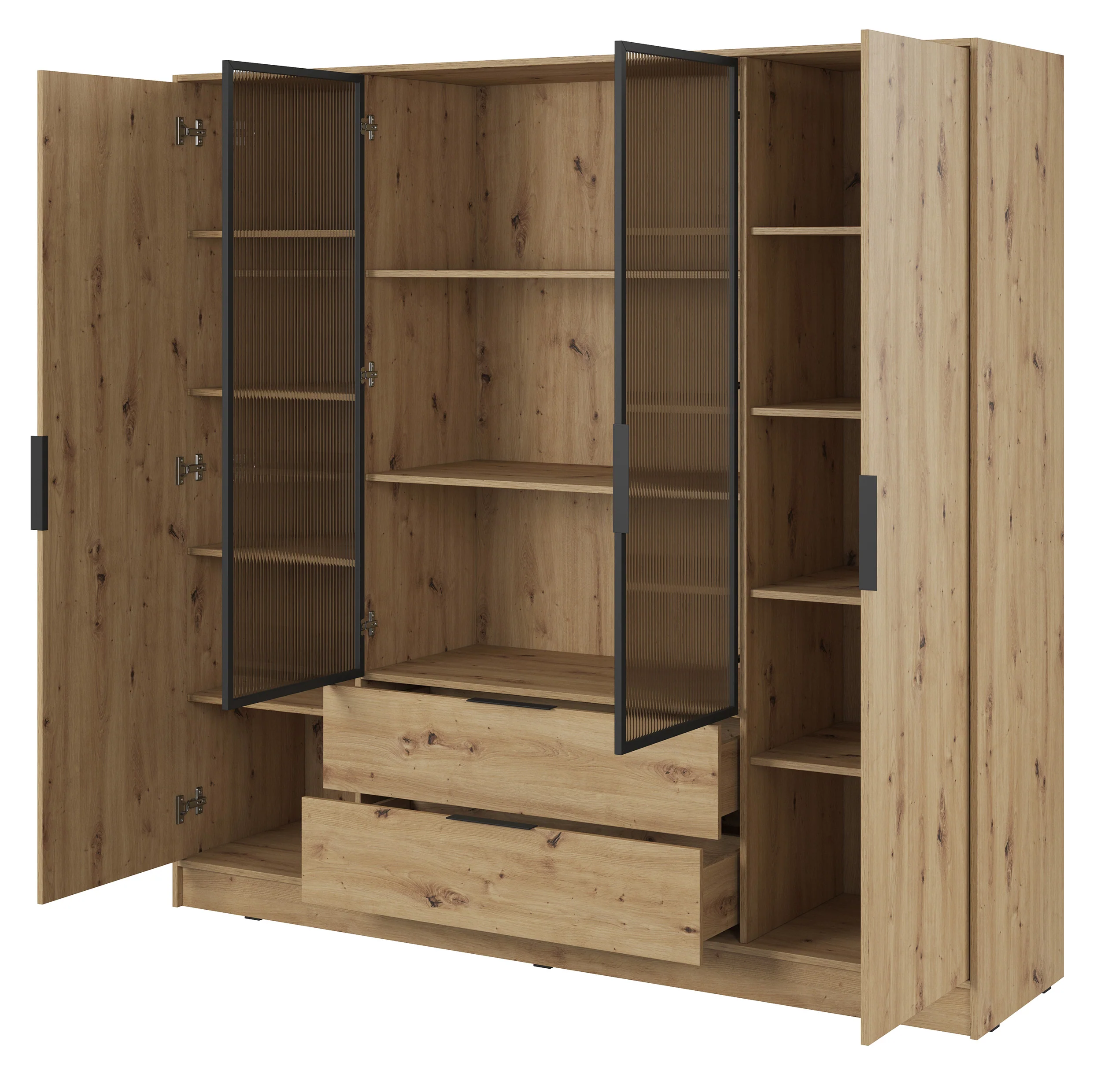 Szafa czterodrzwiowa Kelly z witryną i dwiema szufladami 206 cm dąb artisan - Image 6