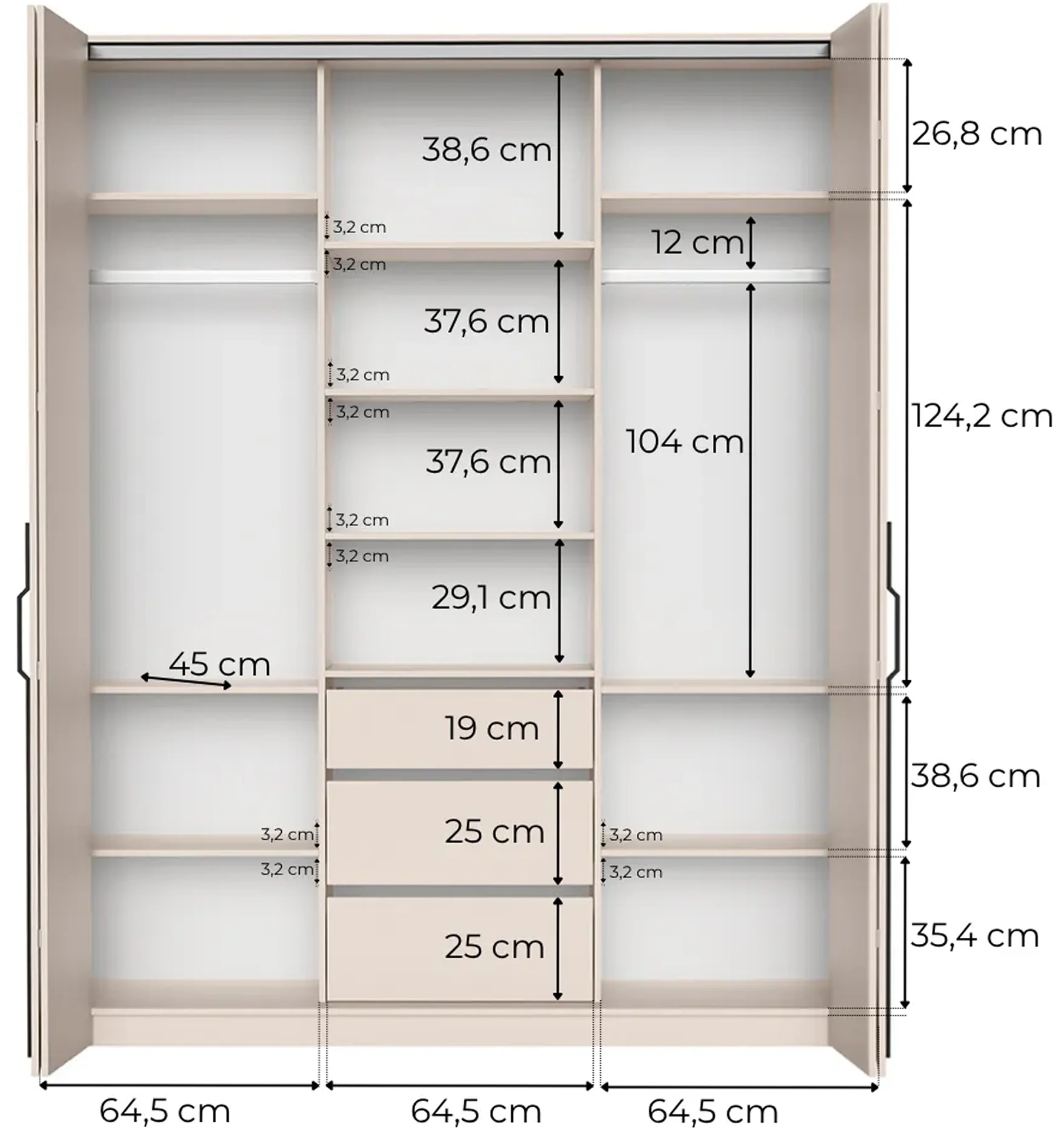 Szafa dwudrzwiowa Bari z trzema szufladami 200 cm kaszmir - Image 7