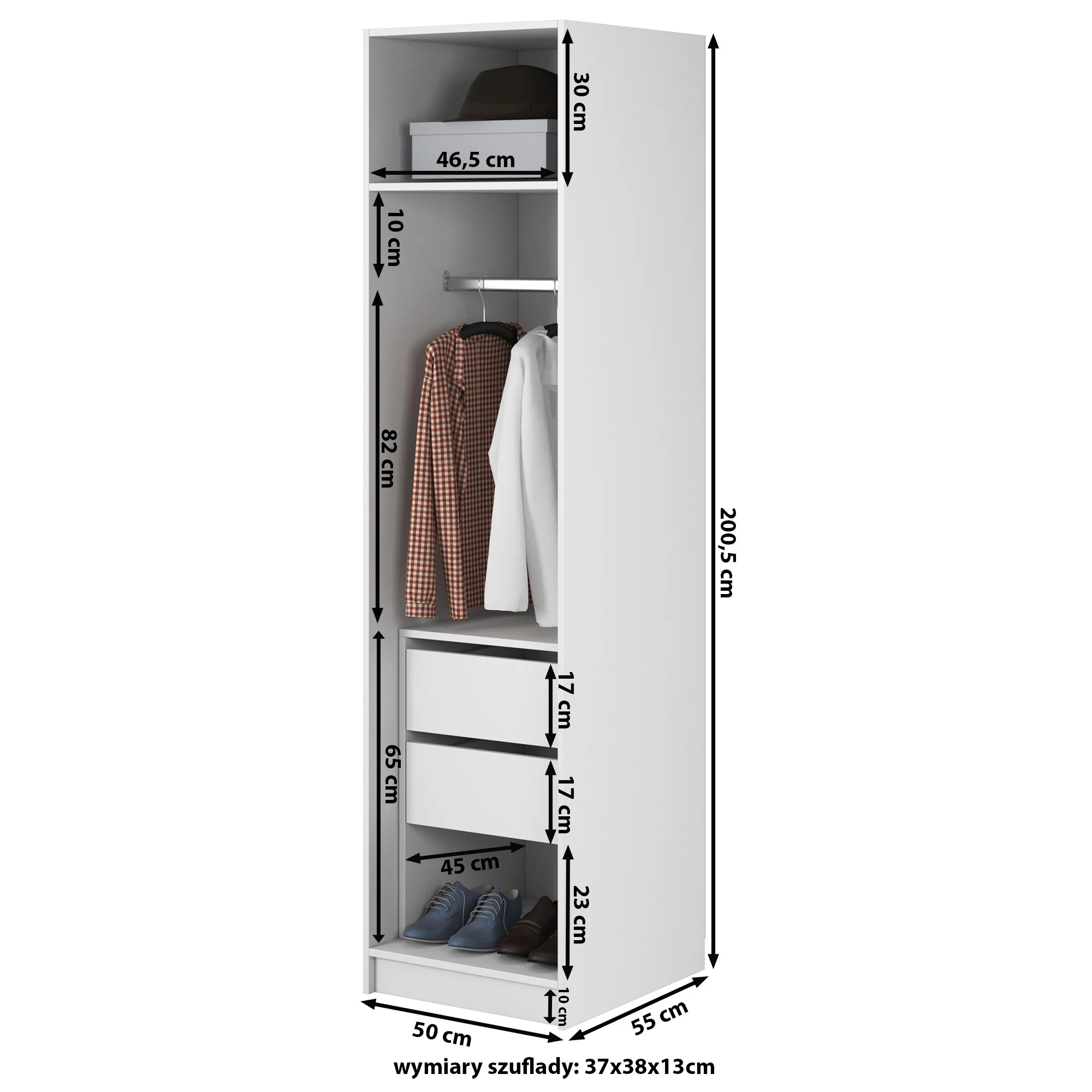 Szafa jednodrzwiowa Frame z drążkiem, półkami i kontenerkiem 50 cm Czarna - Image 7