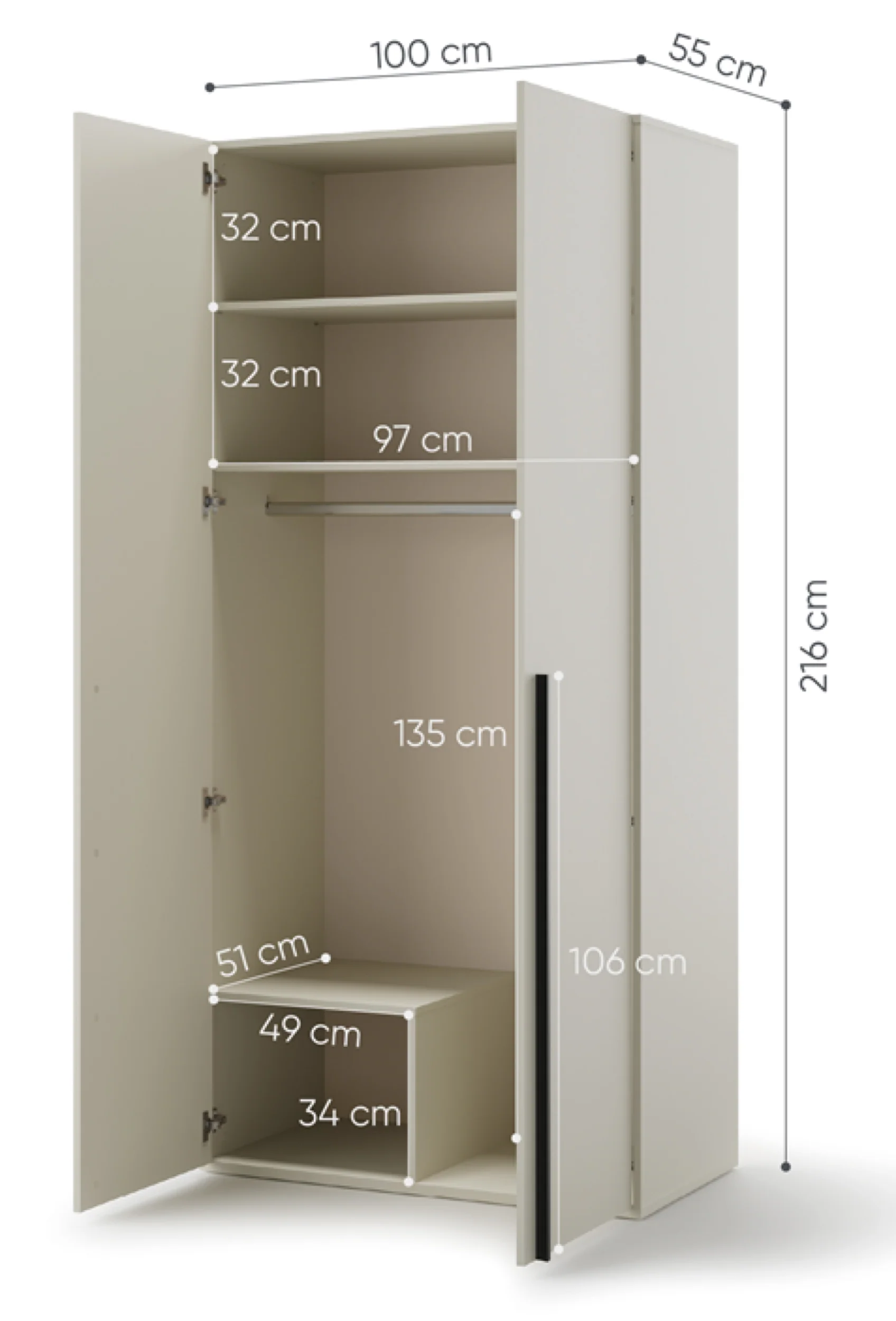 Szafa młodzieżowa dwudrzwiowa Woow z drążkiem i półkami 100 cm szampański - Image 7