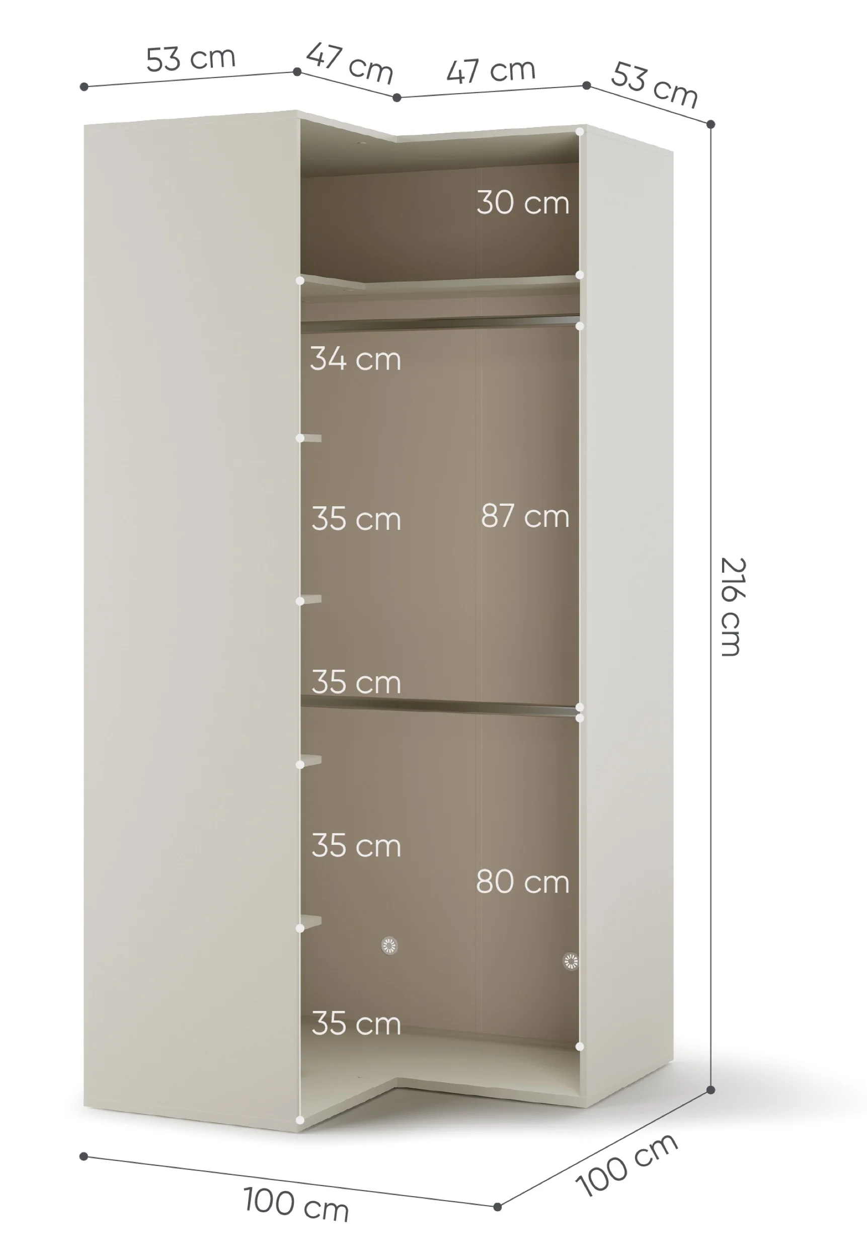 Szafa młodzieżowa narożna Woow z dwoma drążkami i półkami 100 cm szampański - Image 6