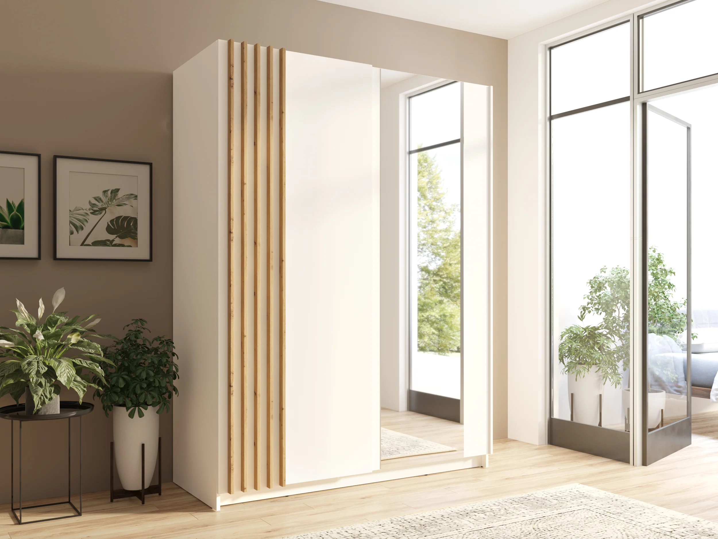 Szafa przesuwna Tollino z lustrem, półkami i drążkiem 150 cm Biała/Dąb artisan lamele - Image 2