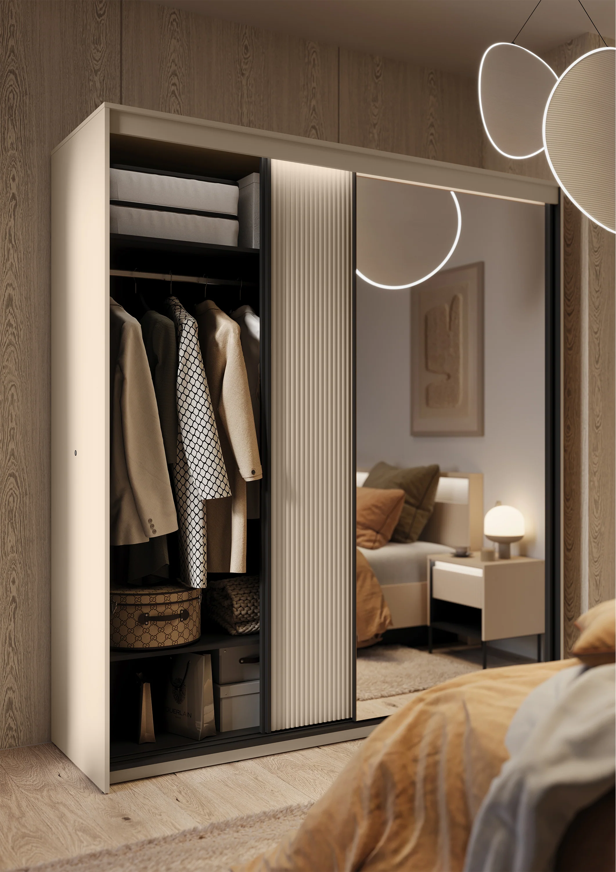 Szafa przesuwna Trend dwudrzwiowa z lustrem i oświetleniem 200 cm ryflowany front beż piaskowy / czarny - Image 2