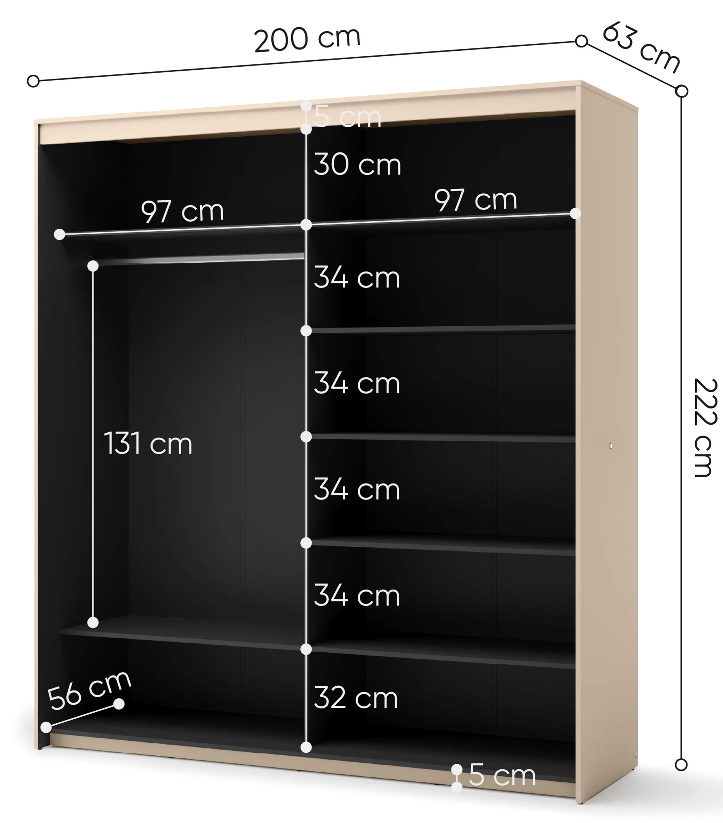 Szafa przesuwna Trend dwudrzwiowa z lustrem i oświetleniem 200 cm ryflowany front beż piaskowy / czarny - Image 7