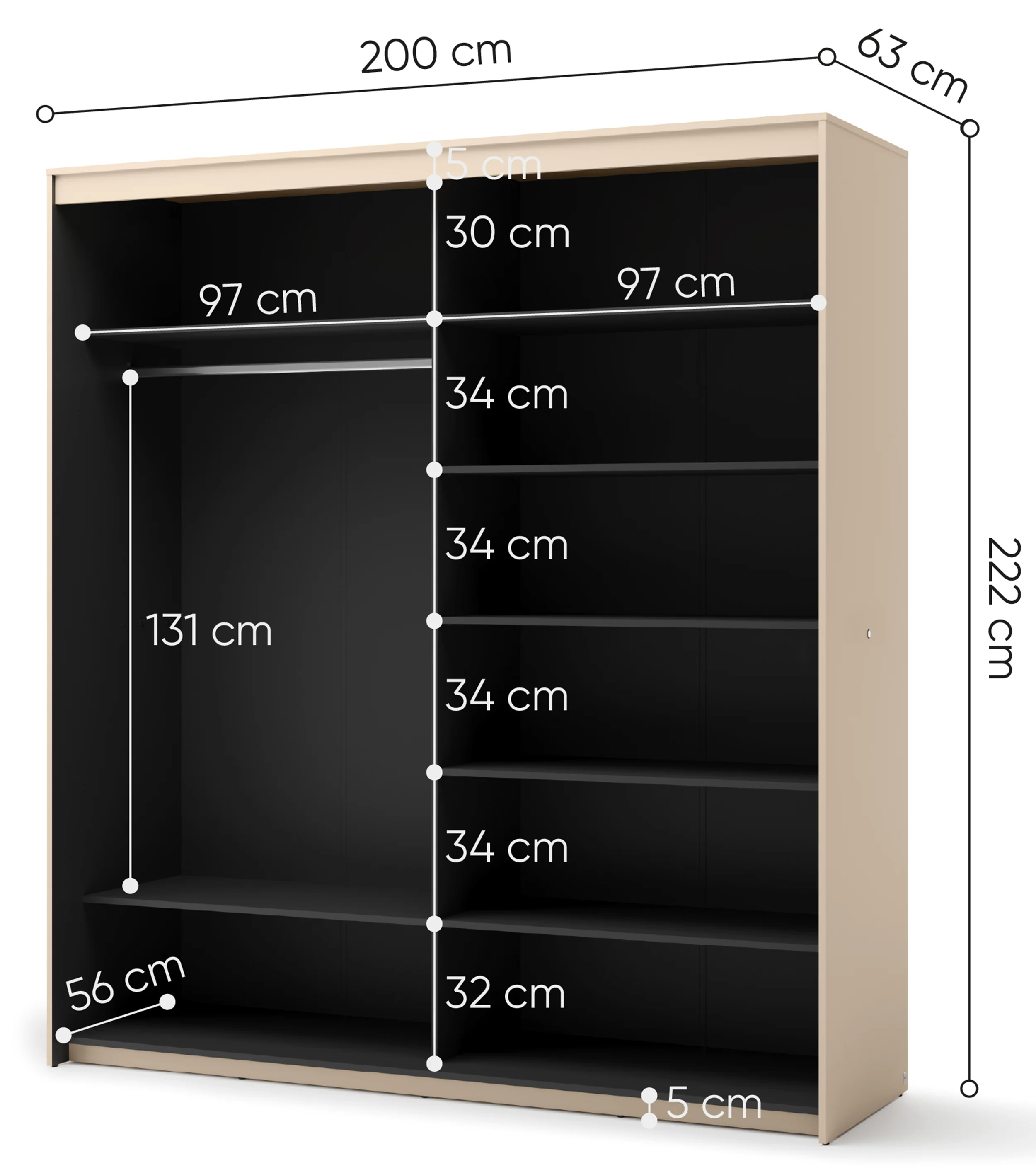 Szafa przesuwna Trend dwudrzwiowa z lustrem i oświetleniem 200 cm ryflowany front czarna - Image 6