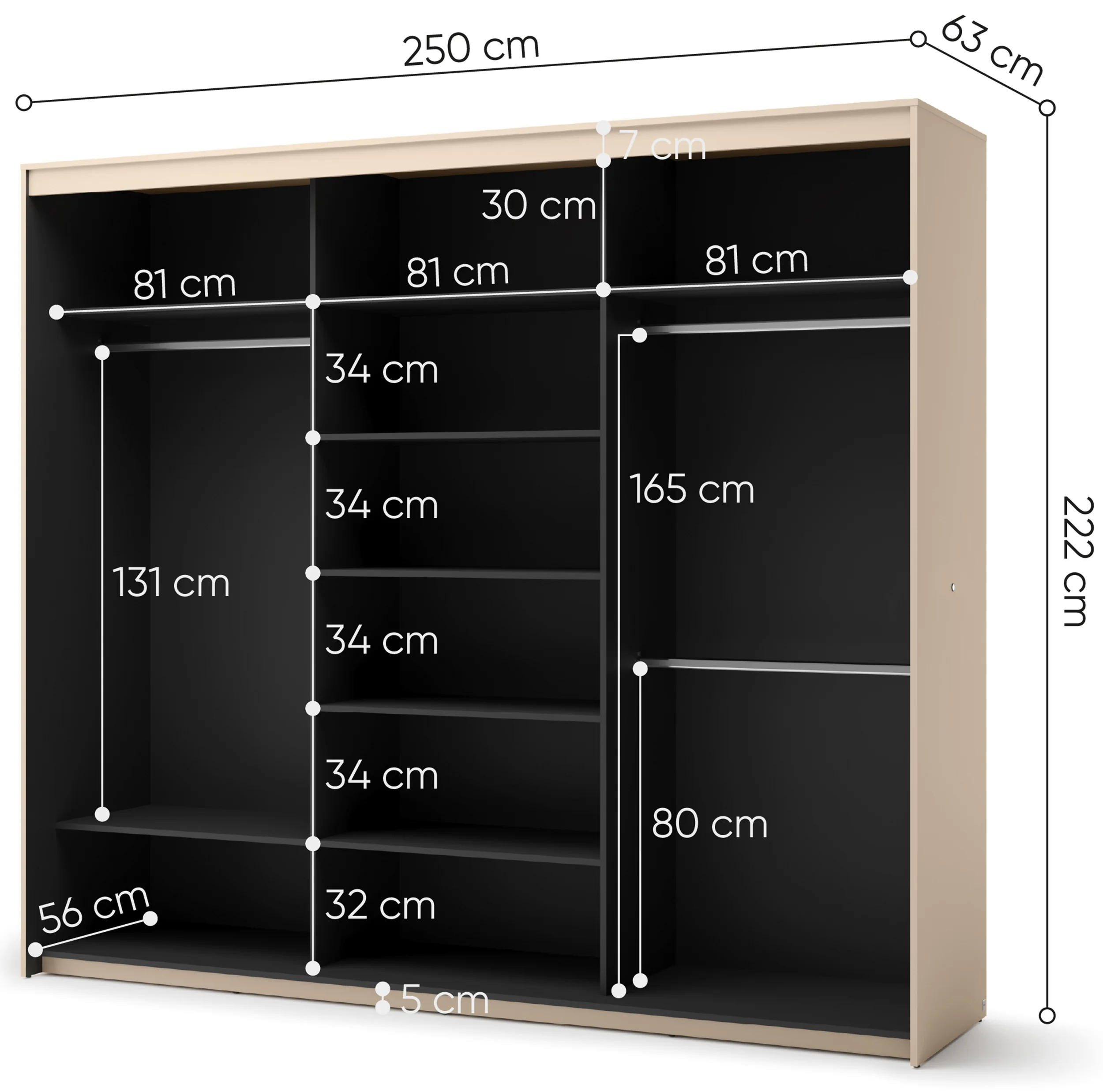 Szafa przesuwna Trend trzydrzwiowa z lustrem i oświetleniem 250 cm ryflowane fronty beż piaskowy / czarny - Image 7