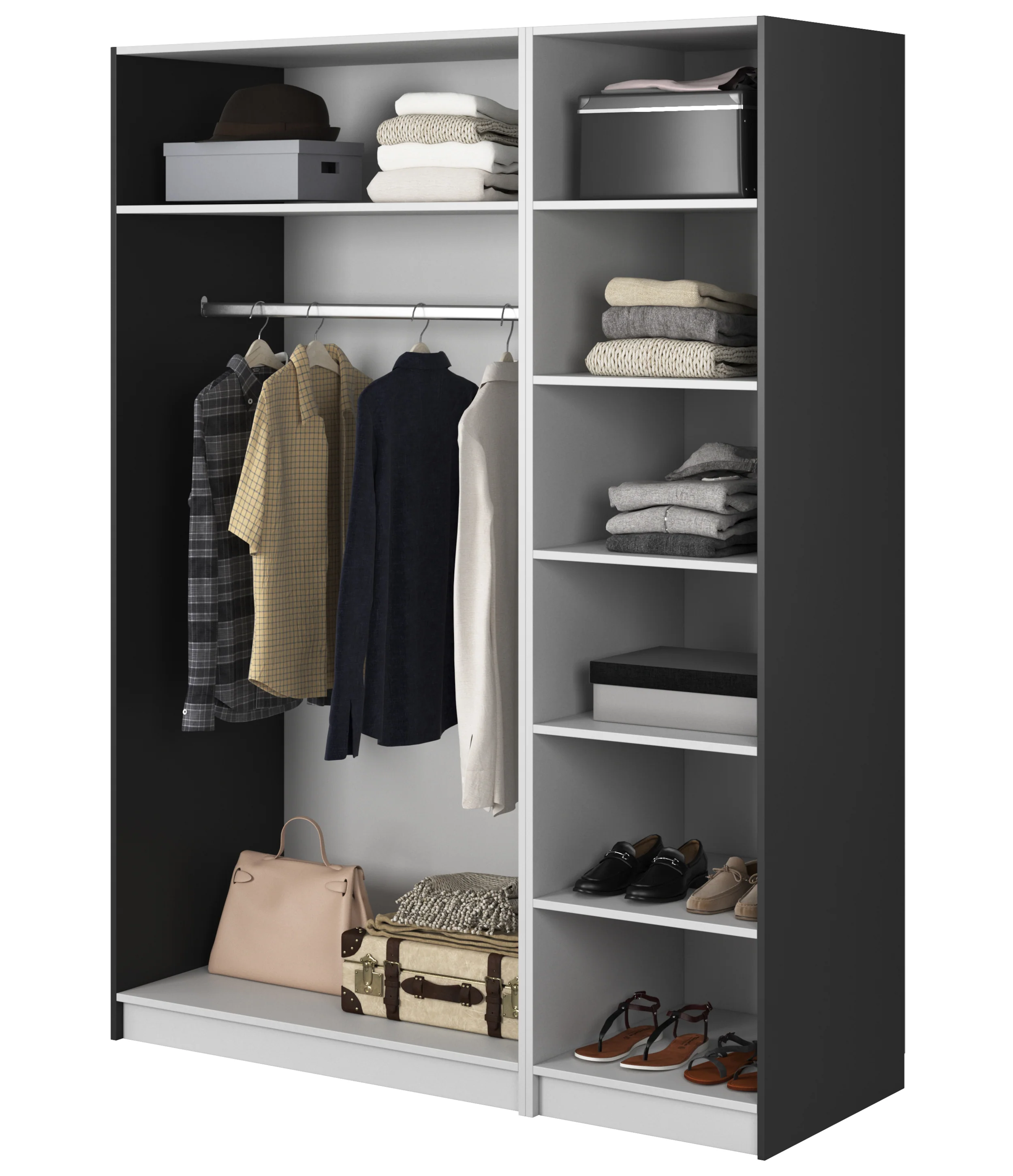 Szafa trzydrzwiowa Frame z długim drążkiem i siedmioma półkami 150 cm Czarna - Image 3