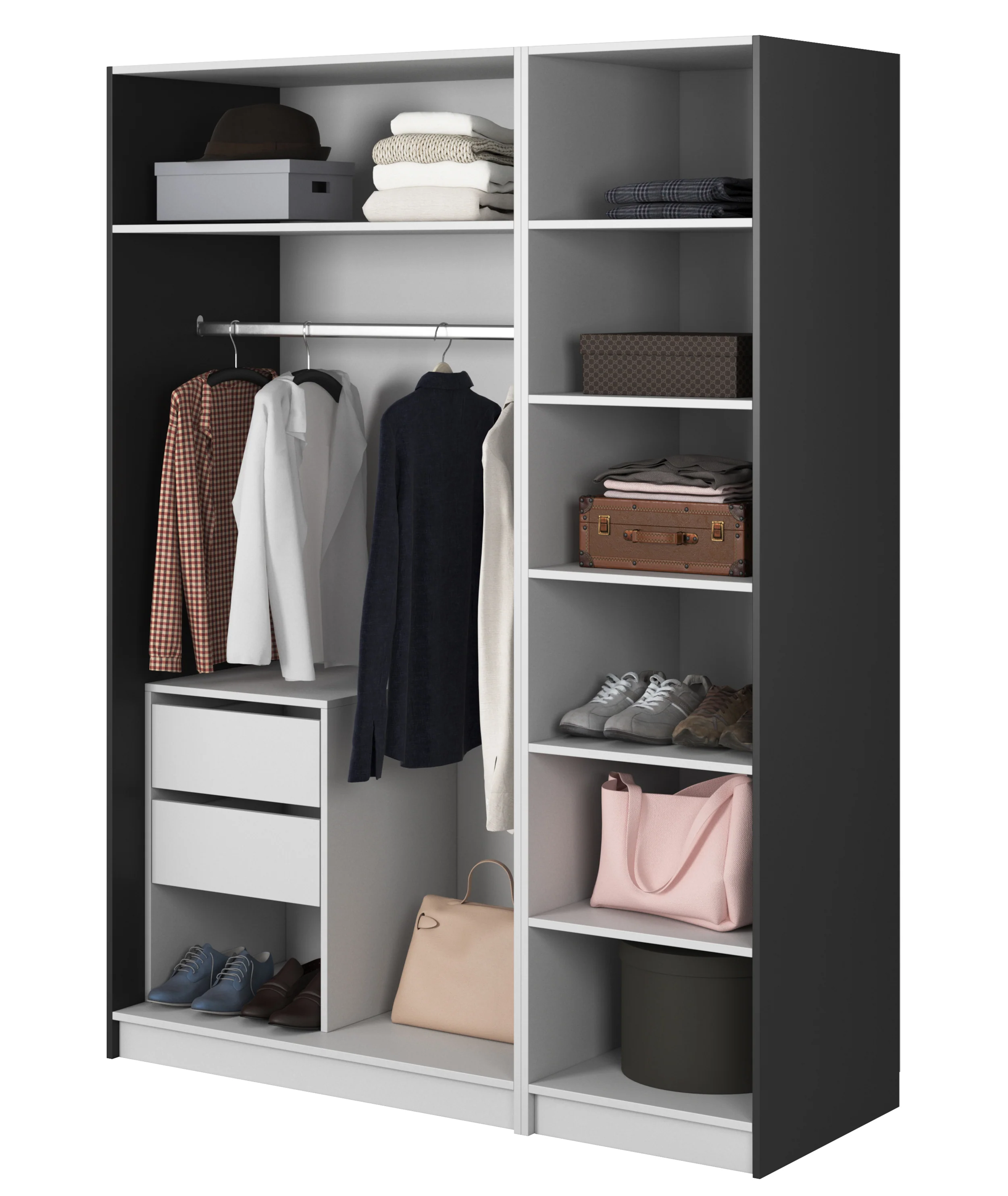 Szafa trzydrzwiowa Frame z długim drążkiem, siedmioma półkami i kontenerkiem 150 cm Czarna - Image 3