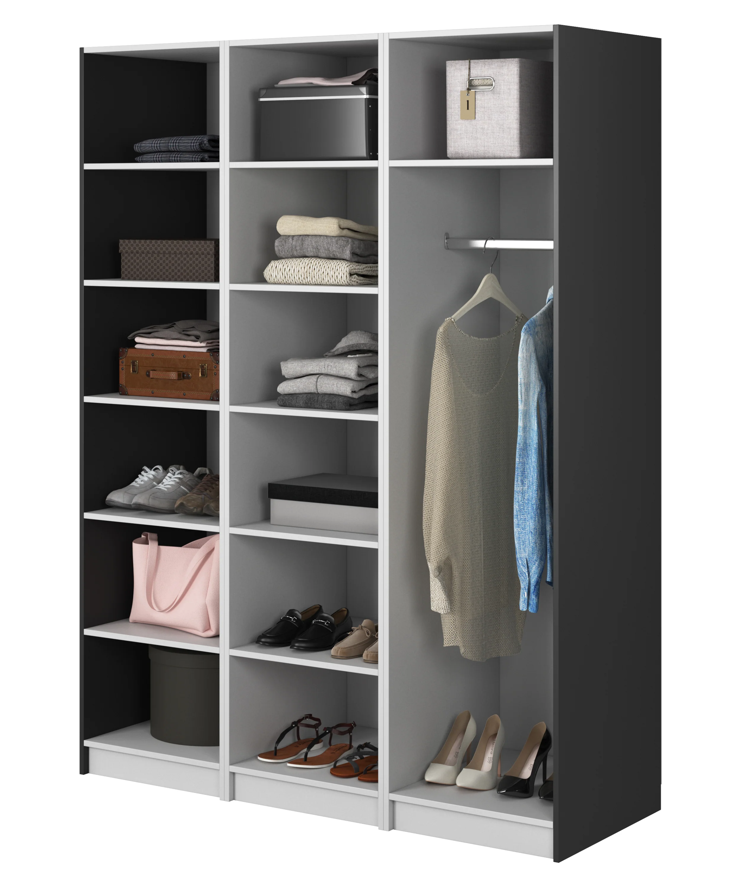 Szafa trzydrzwiowa Frame z drążkiem i półkami 150 cm Czarna - Image 3