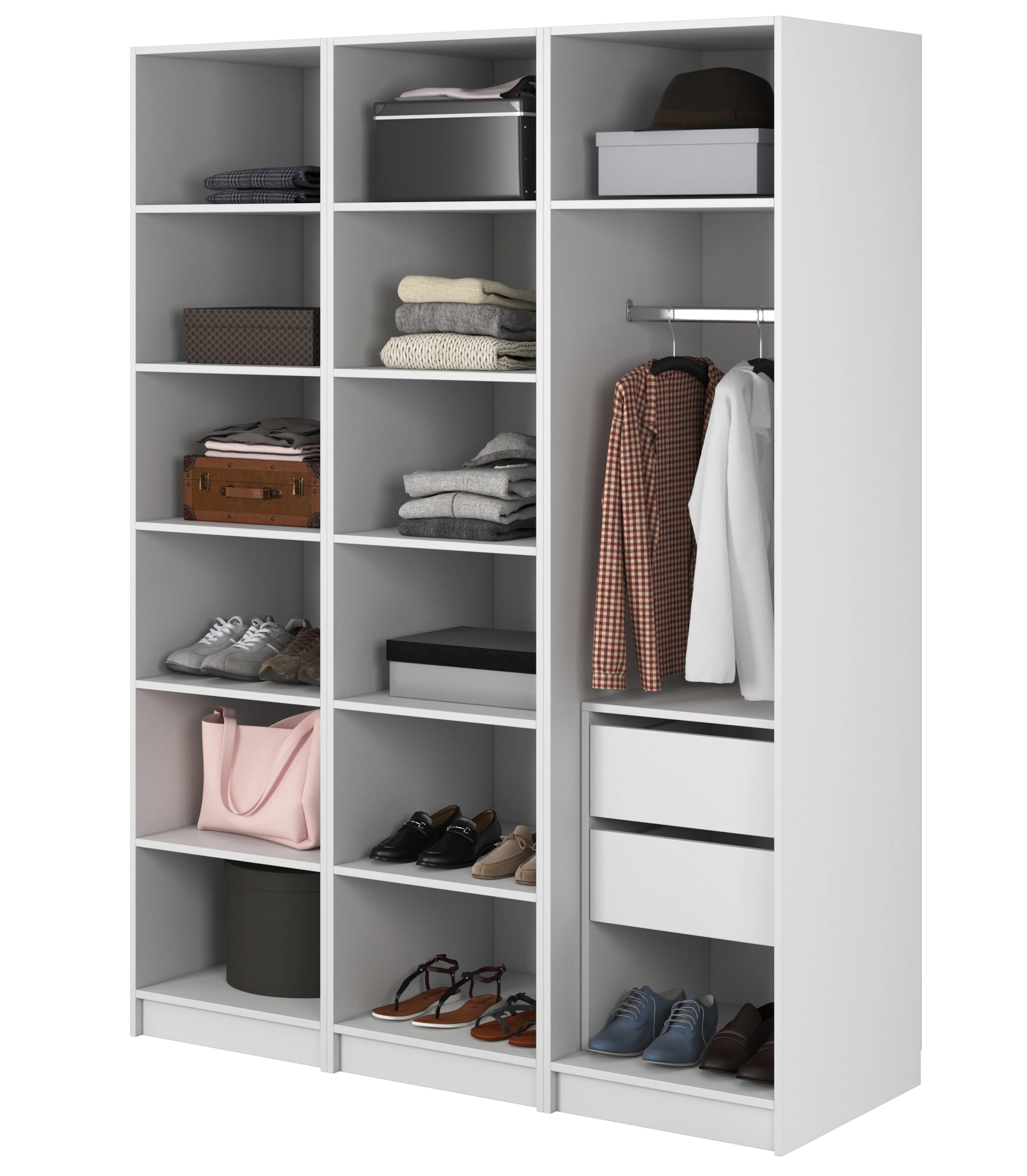 Szafa trzydrzwiowa Frame z drążkiem, półkami i kontenerkiem 150 cm Biała - Image 3