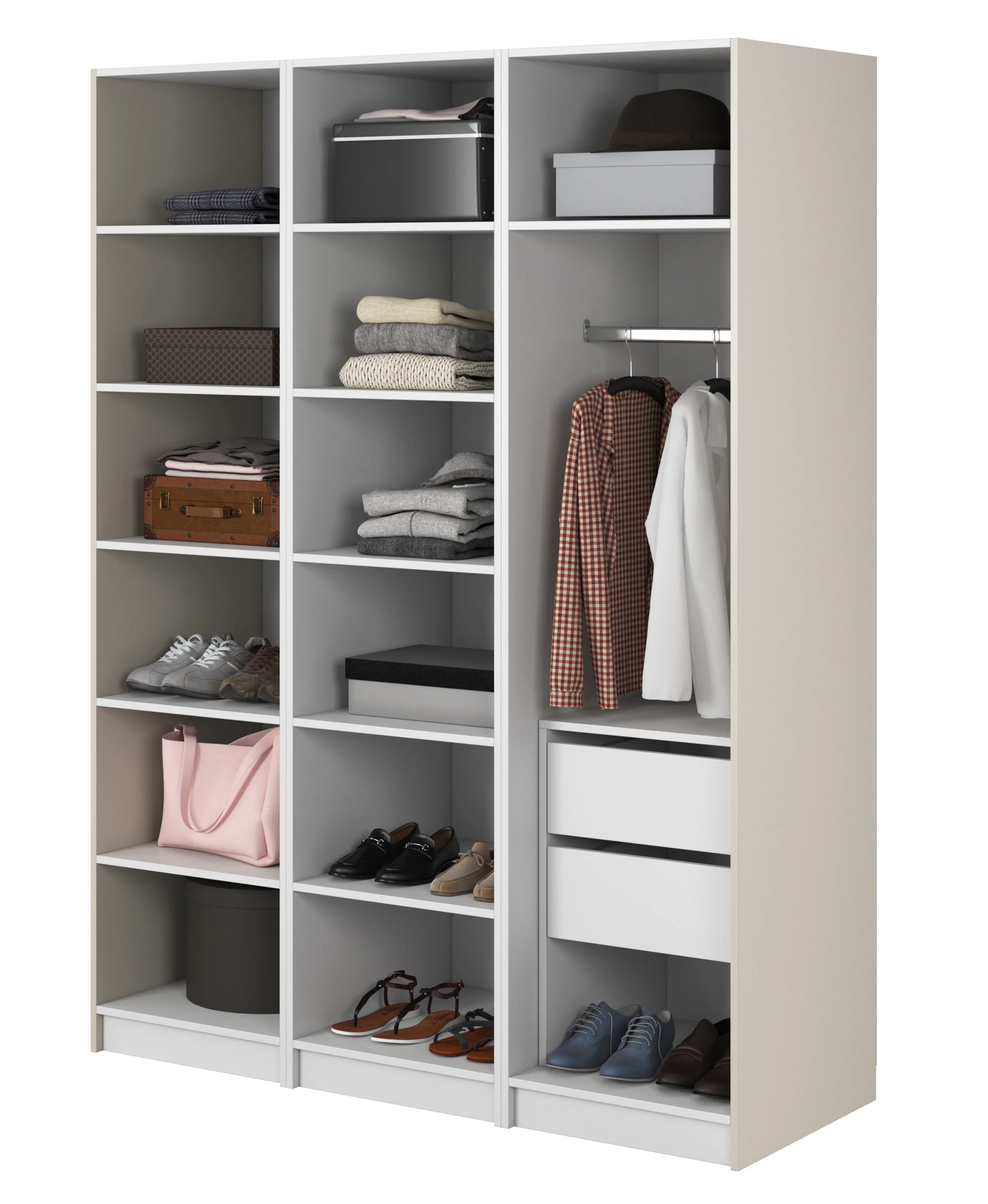 Szafa trzydrzwiowa Frame z drążkiem, półkami i kontenerkiem 150 cm Szary beż - Image 3