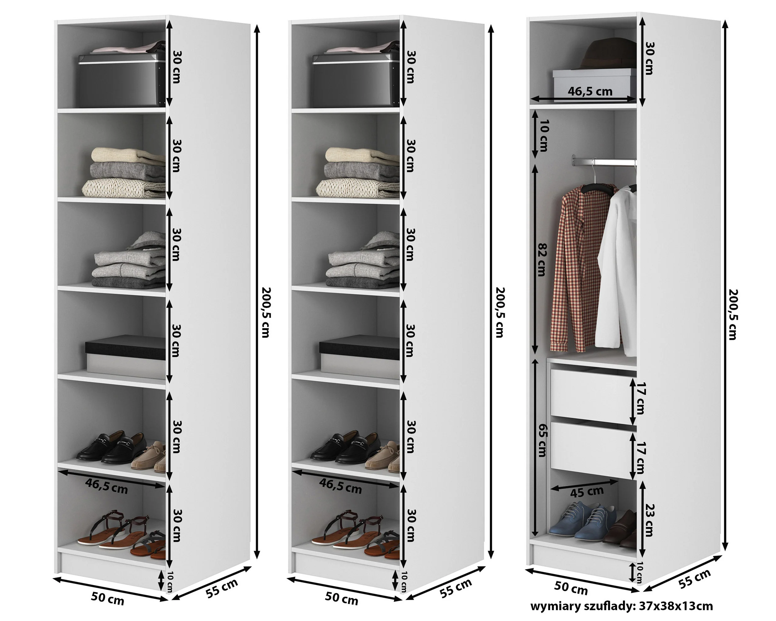 Szafa trzydrzwiowa Moonir z drążkiem, półkami i kontenerkiem 150 cm Czarna - Image 6