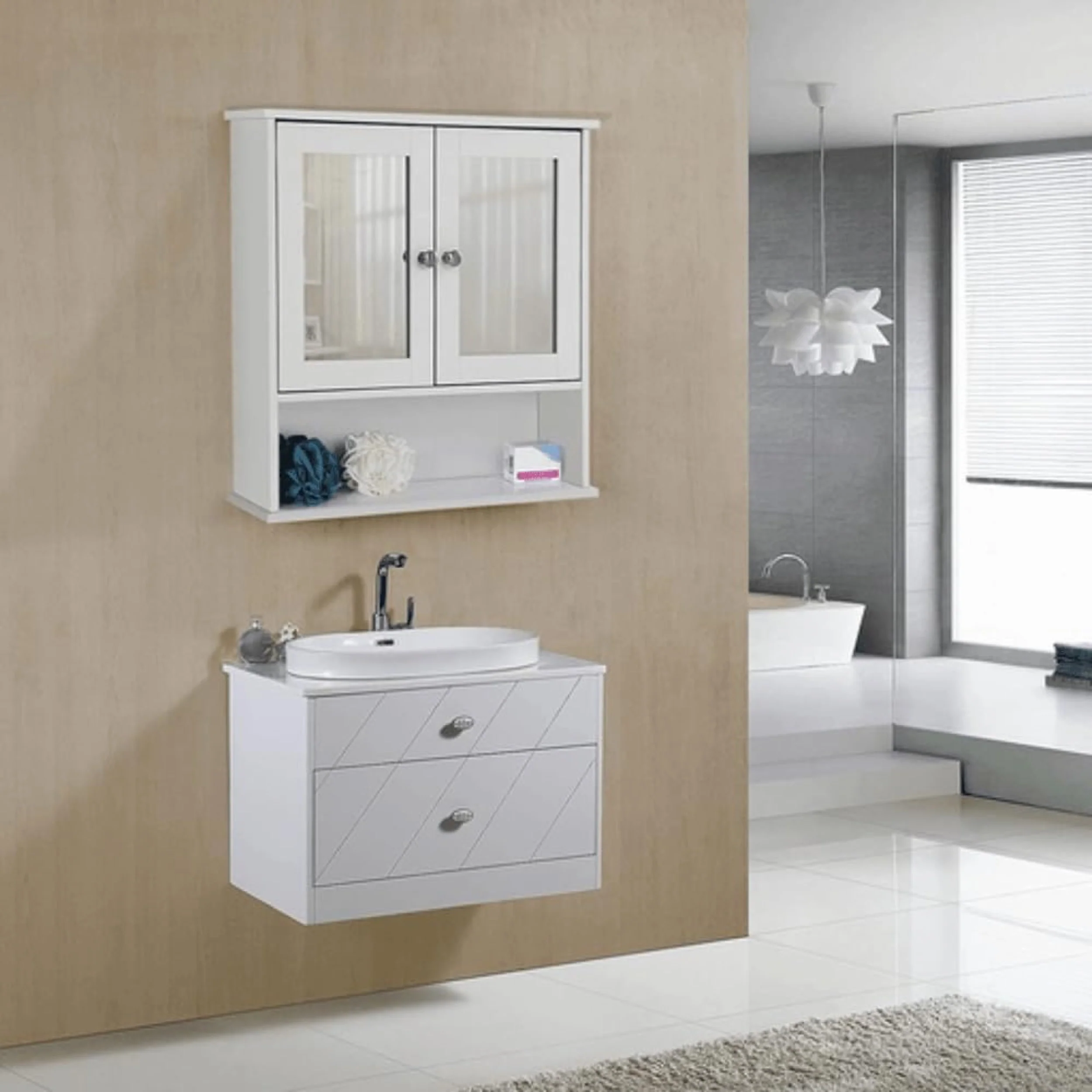 Szafka łazienkowa wisząca Muddon 56x13x58 cm z lustrem biała - Image 2