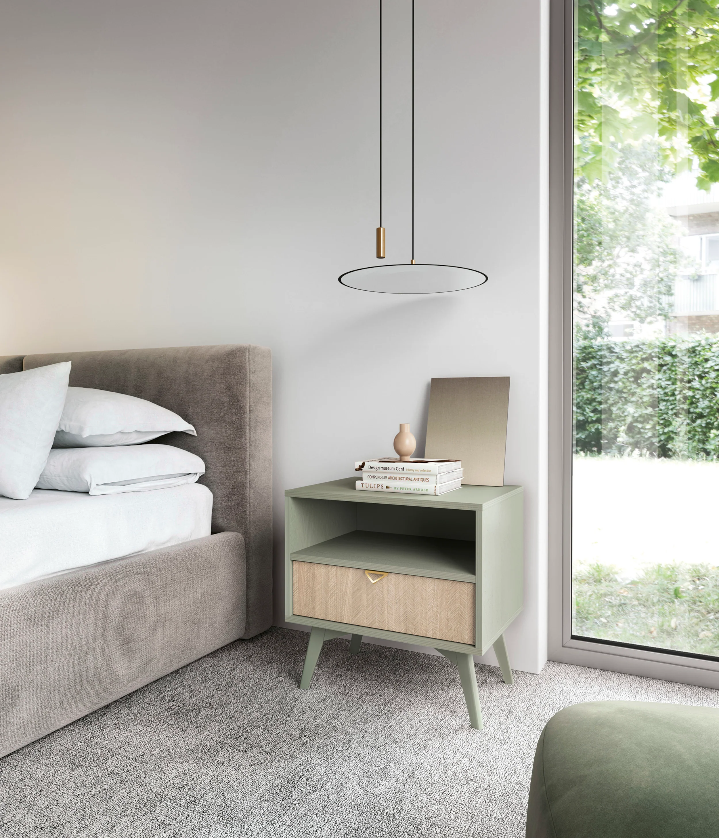 Szafka nocna Favoria z szufladą 54 cm eukaliptus/jodełka scandi ze złotym uchwytem - Image 2
