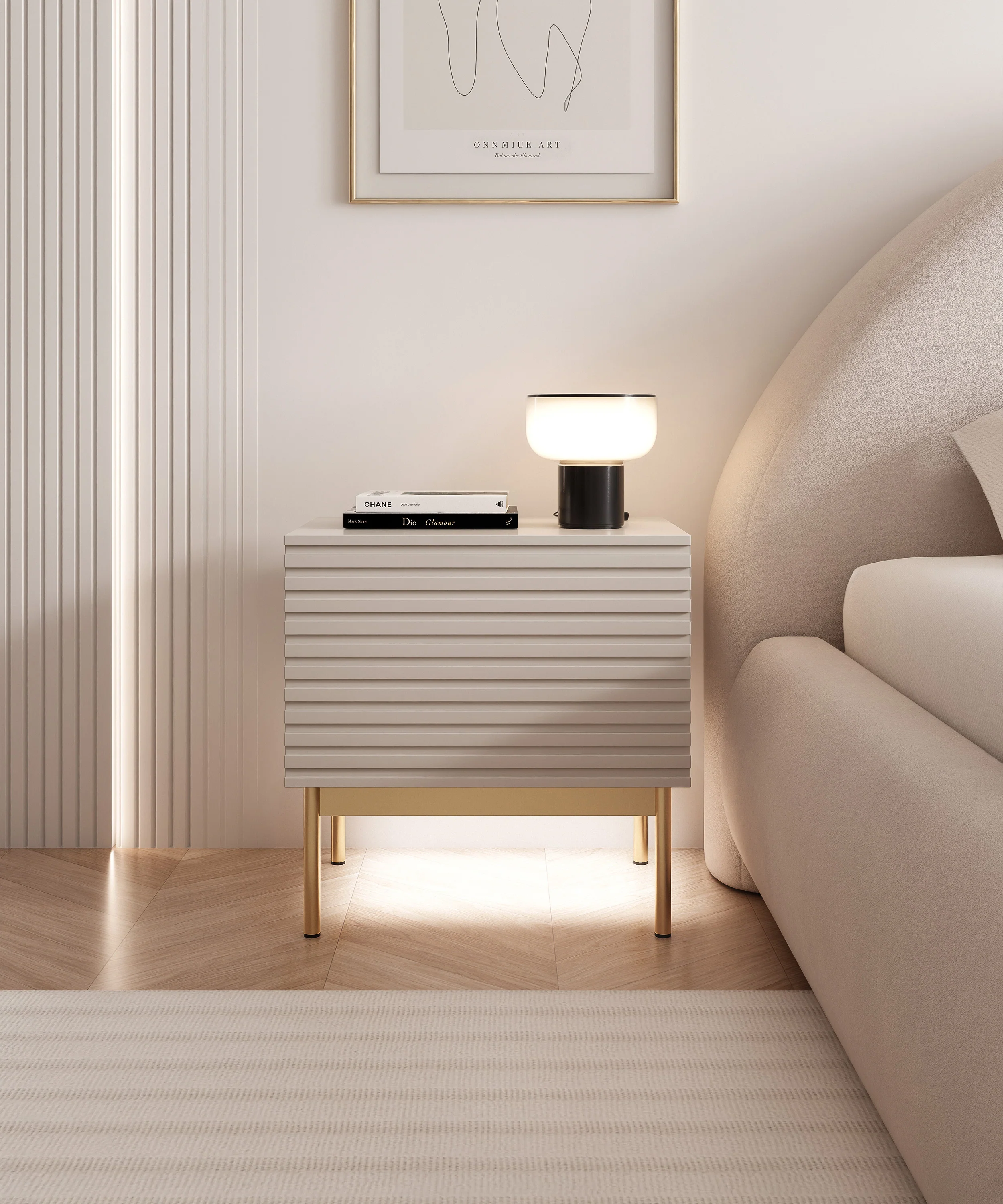 Szafka nocna Linearis z uchylnym schowkiem i oświetleniem LED 46 cm kaszmir na złotych nóżkach - Image 4