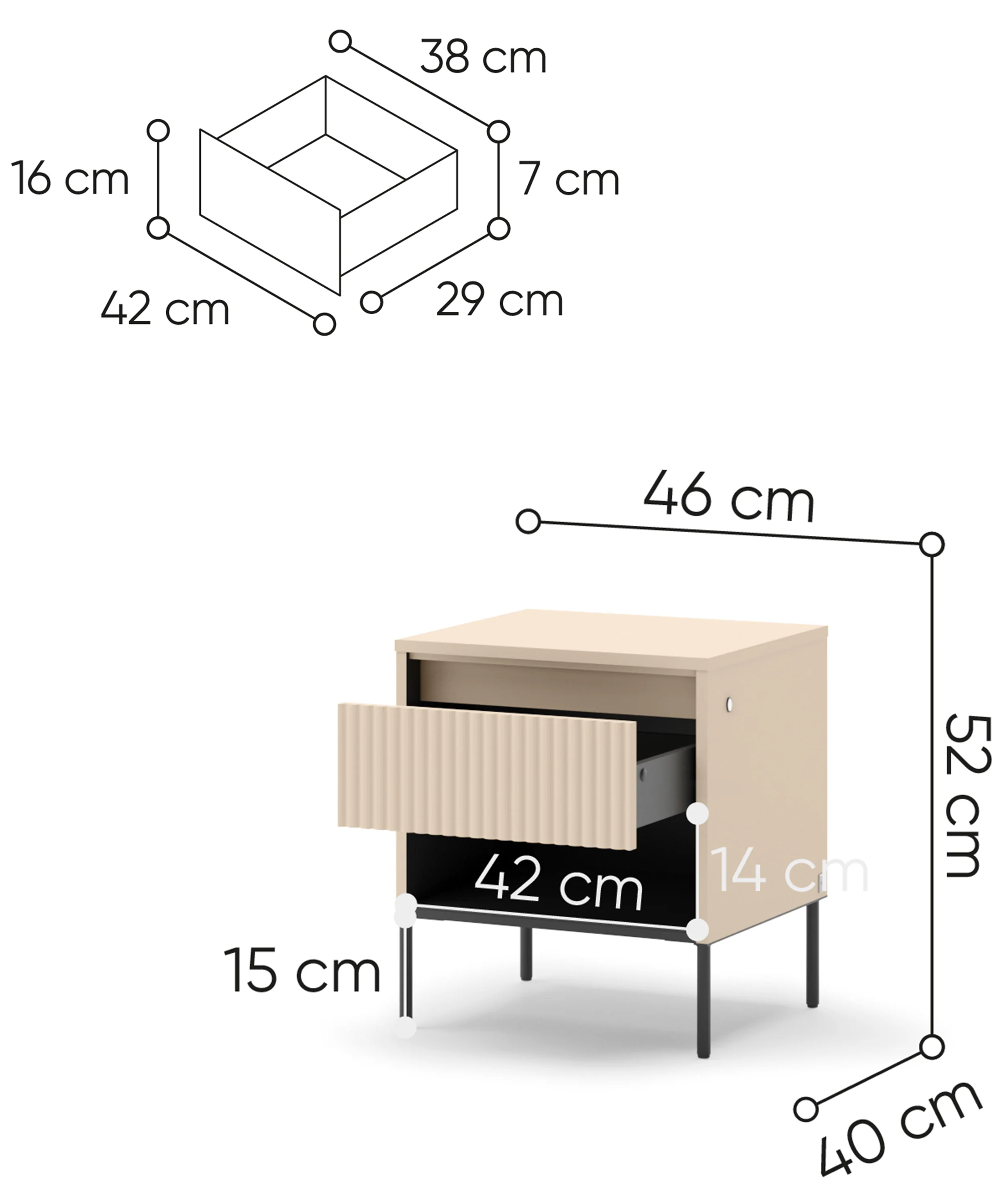 Szafka nocna Trend z szufladą i oświetleniem 46 cm ryflowany front beż piaskowy / czarny - Image 8