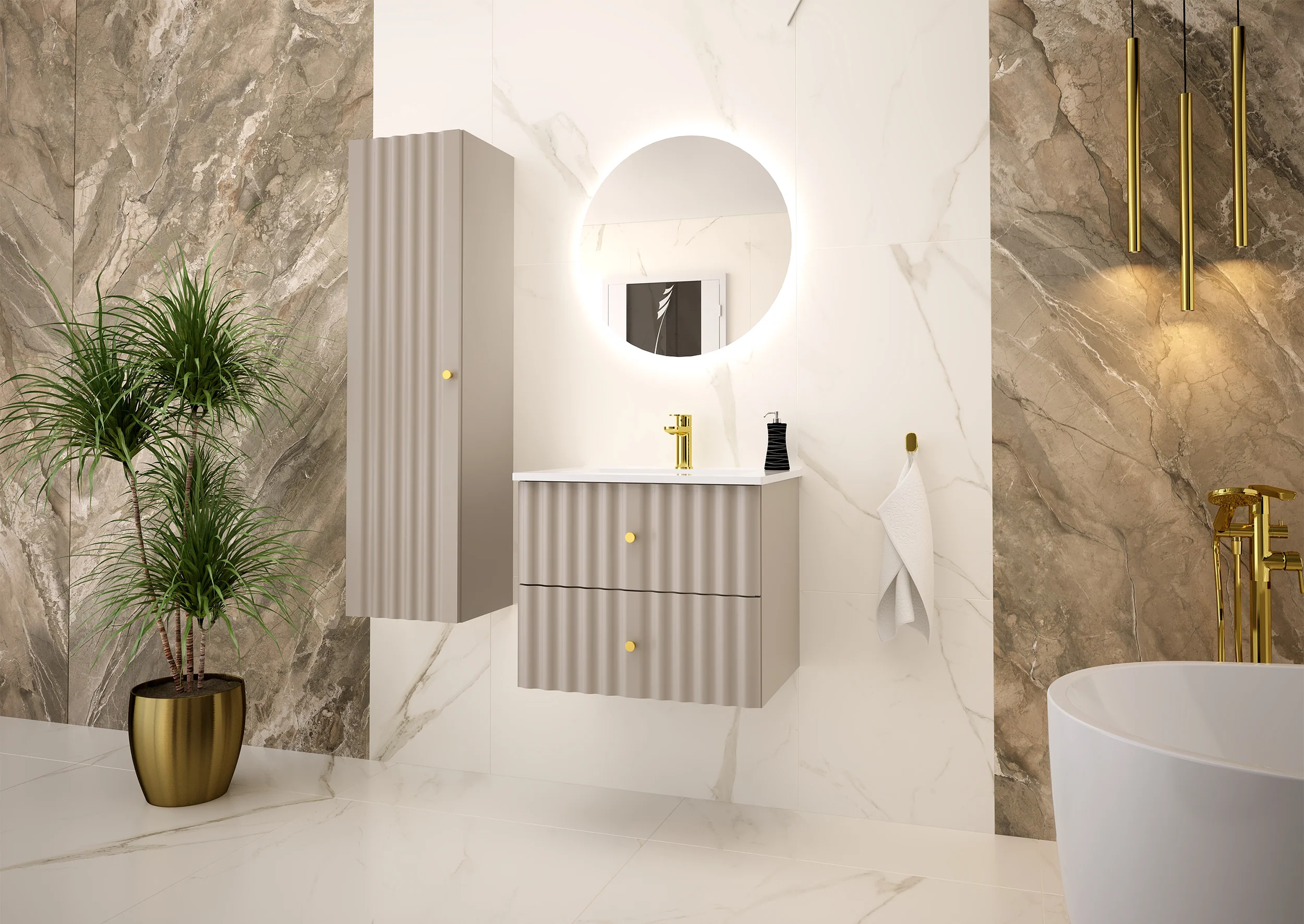 Szafka pod umywalkę Aqua 60 cm ryflowane fronty szary beż - Image 2