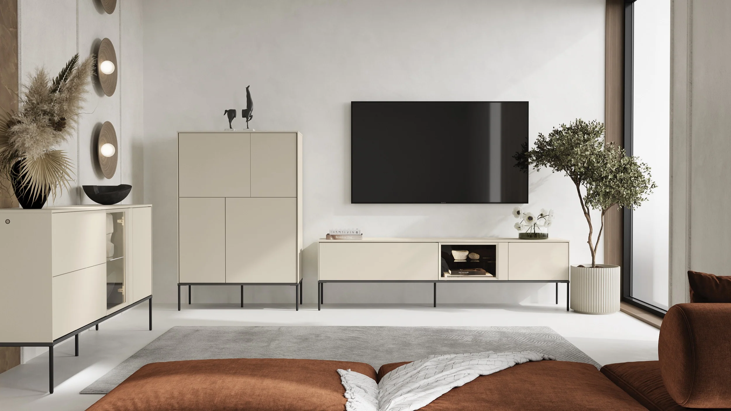 Szafka RTV Bellezo z witryną LED 196 cm kremowy - Image 4