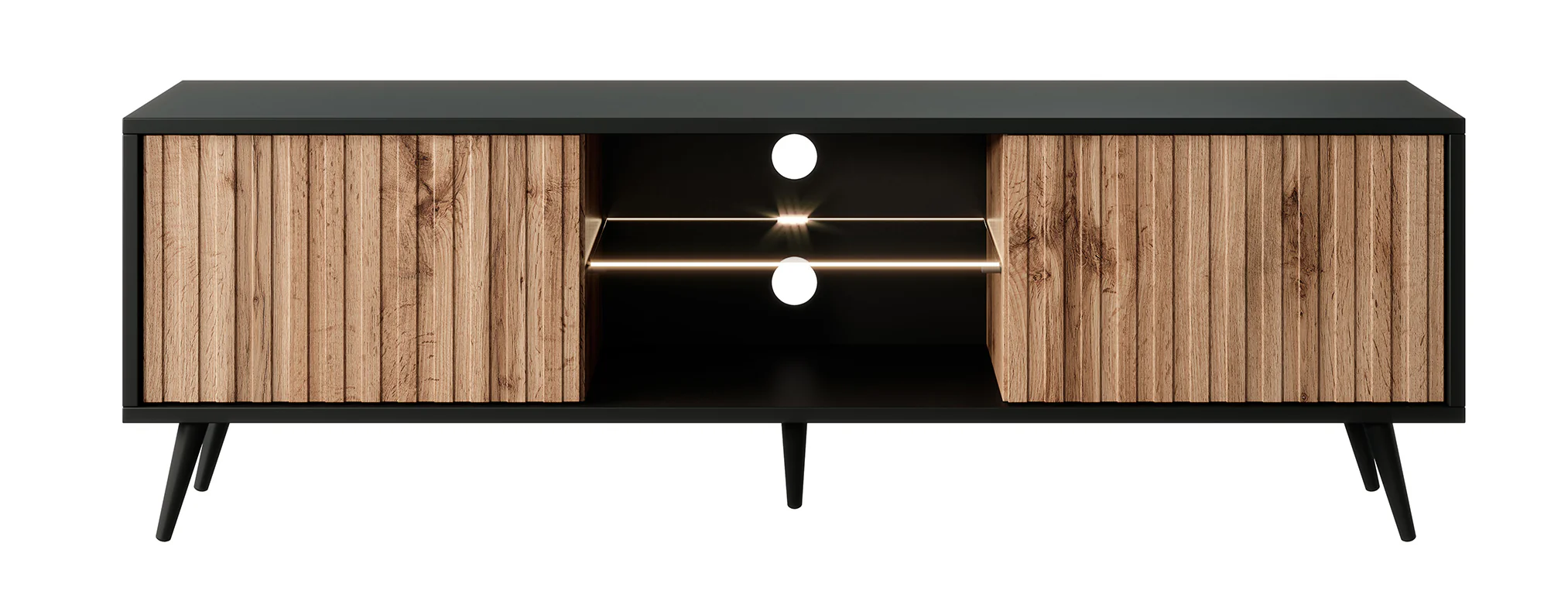 Szafka RTV Bello z lamelowymi frontami 135 cm czarna/dąb wotan z led - Image 3