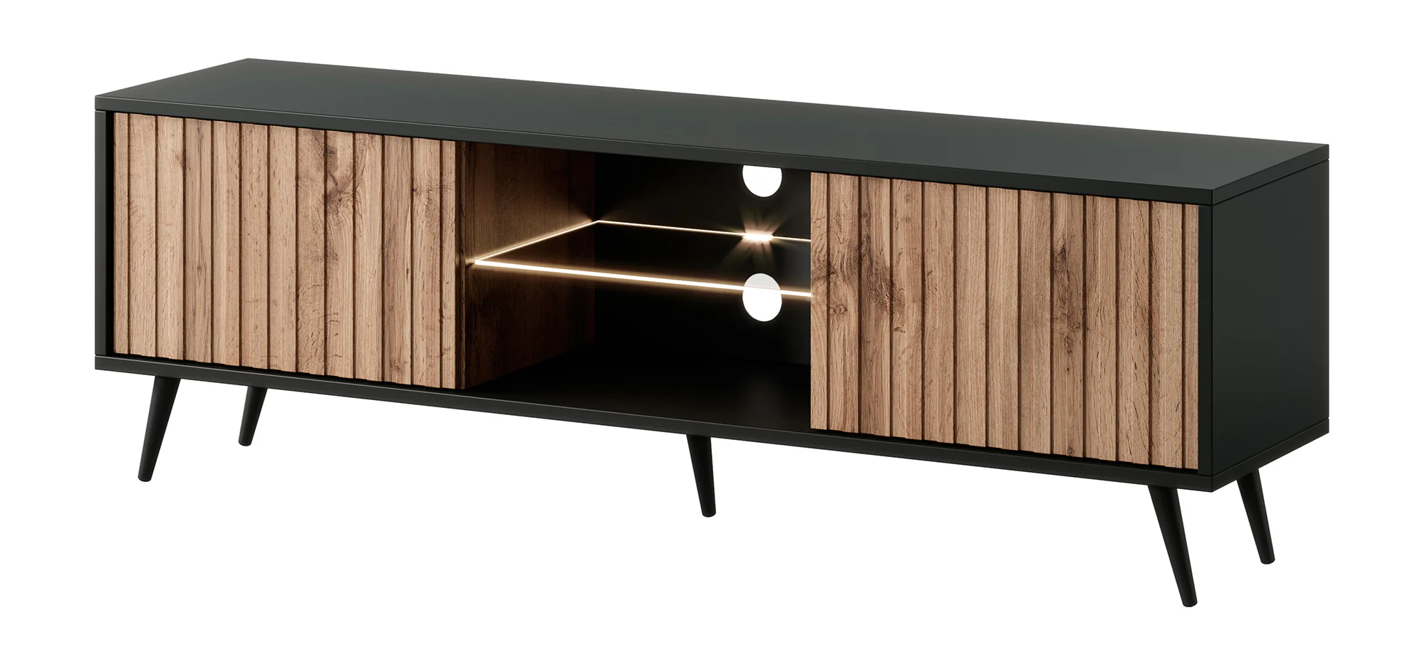 Szafka RTV Bello z lamelowymi frontami 135 cm czarna/dąb wotan z led - Image 4