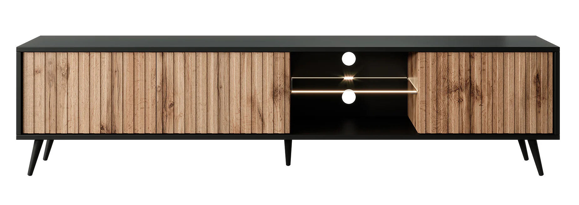 Szafka RTV Bello z lamelowymi frontami 175 cm czarna/dąb wotan z led - Image 5