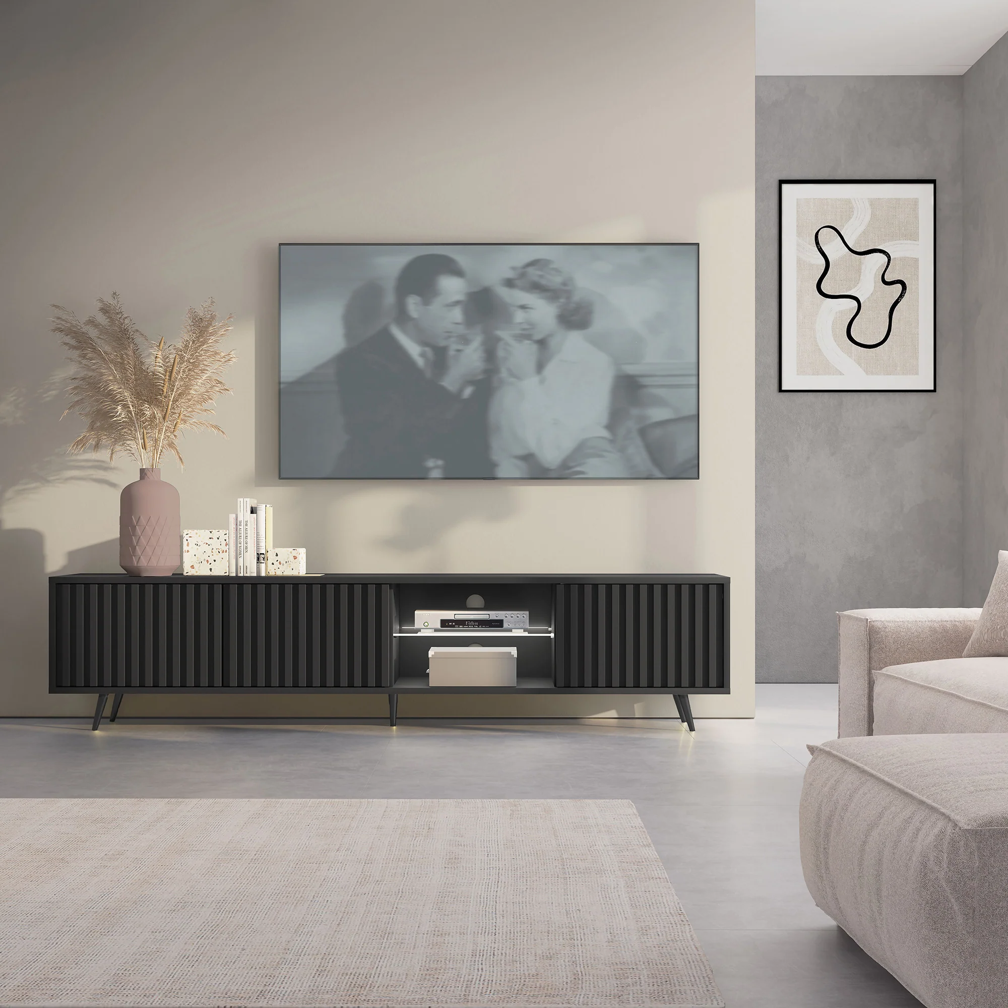 Szafka RTV Bello z lamelowymi frontami 175 cm czarna z led z czarnymi nogami - Image 11