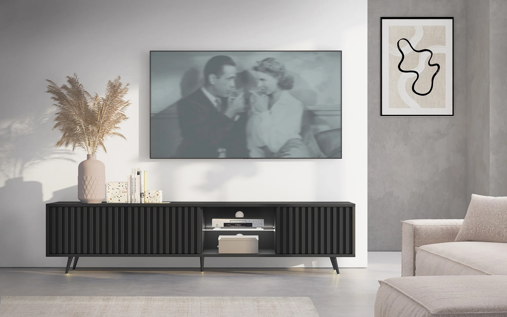 Szafka RTV Bello z lamelowymi frontami 175 cm czarna z led z czarnymi nogami - Image 12