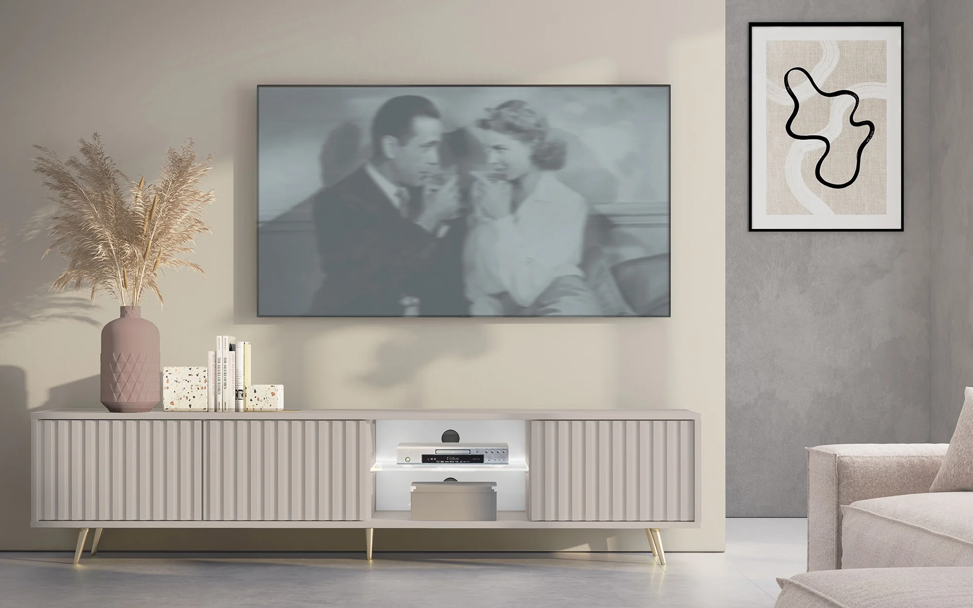 Szafka RTV trzydrzwiowa Bello z lamelowymi frontami i szklaną półką z oświetleniem LED 175 cm kaszmir na złotych nóżkach - Image 2