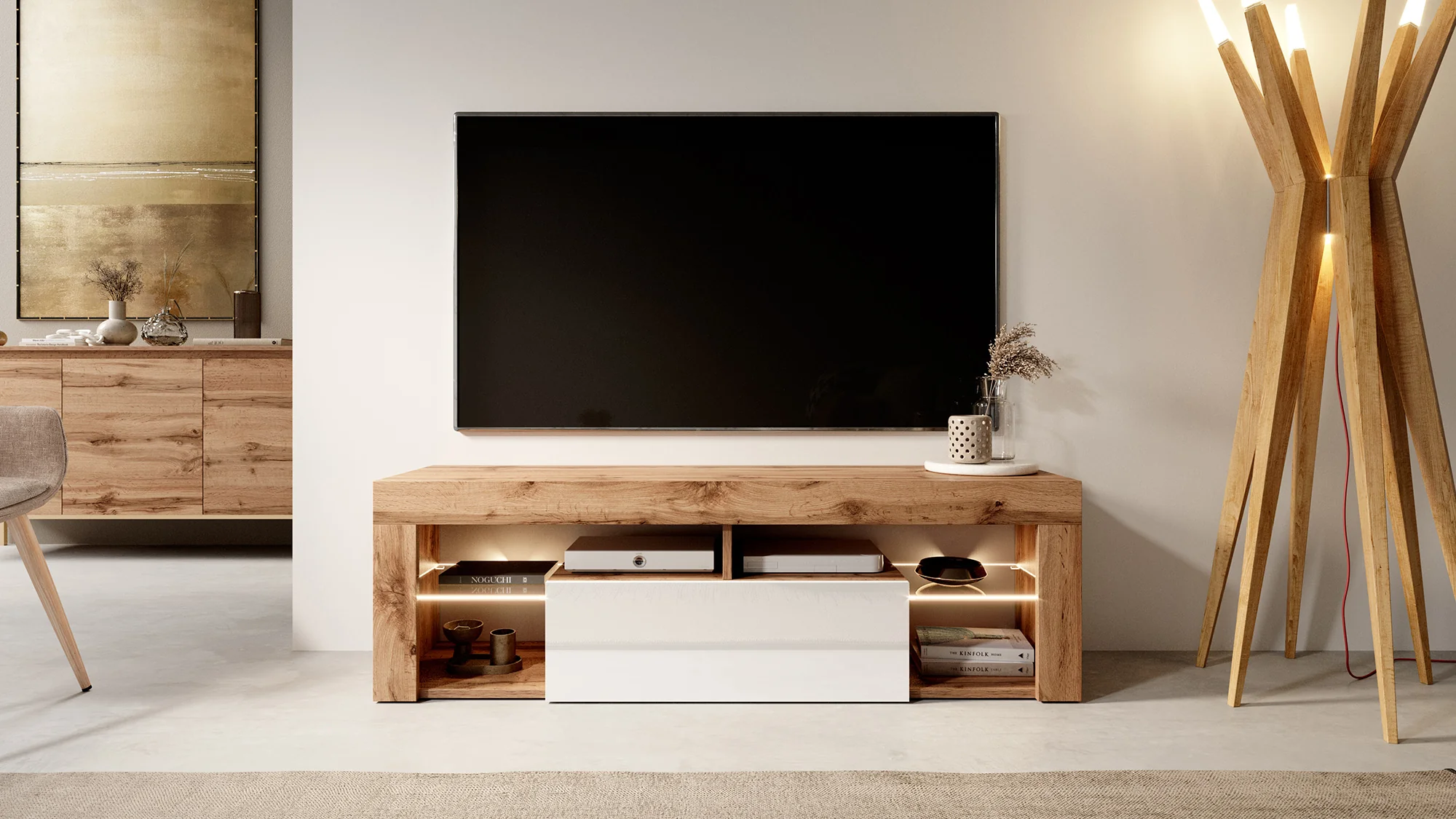 Szafka RTV Bianko 140 cm Dąb lancelot / Biały połysk z oświetleniem - Image 5