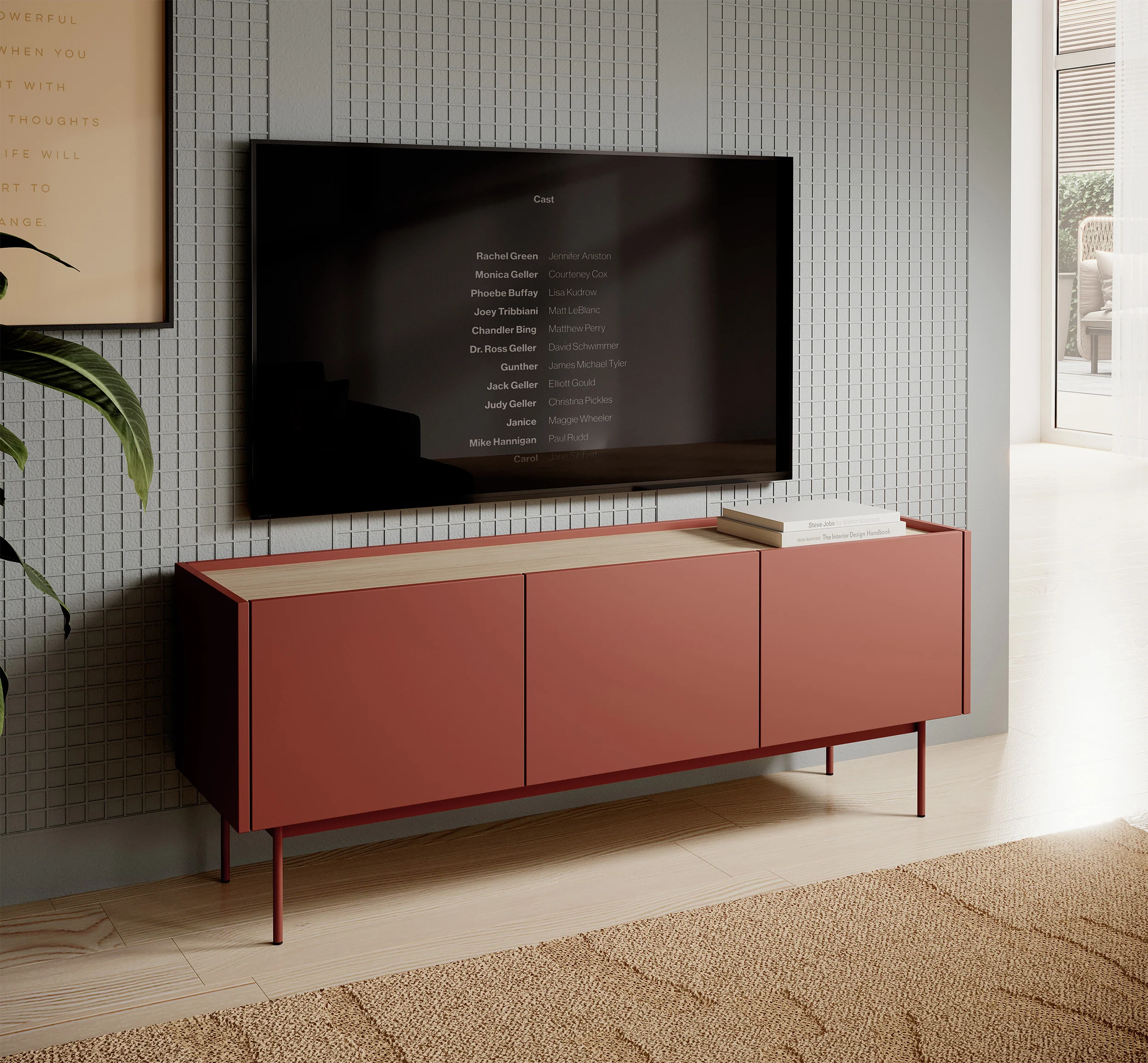 Szafka RTV Color 144 cm trzydrzwiowa Ceglasta / Dąb Linea - Image 2