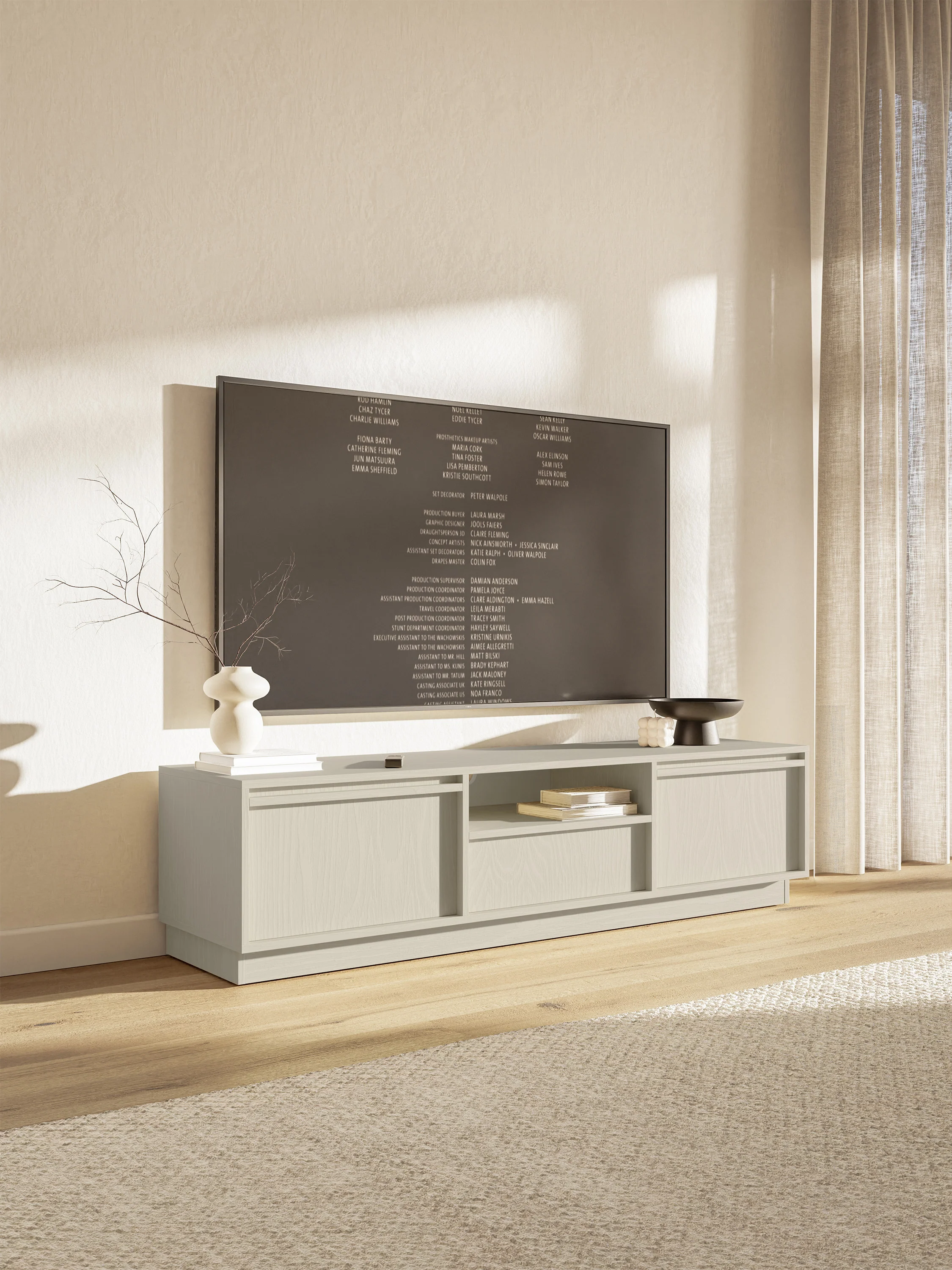 Szafka RTV dwudrzwiowa Evo z szufladą 154 cm beż piaskowy na cokole - Image 3